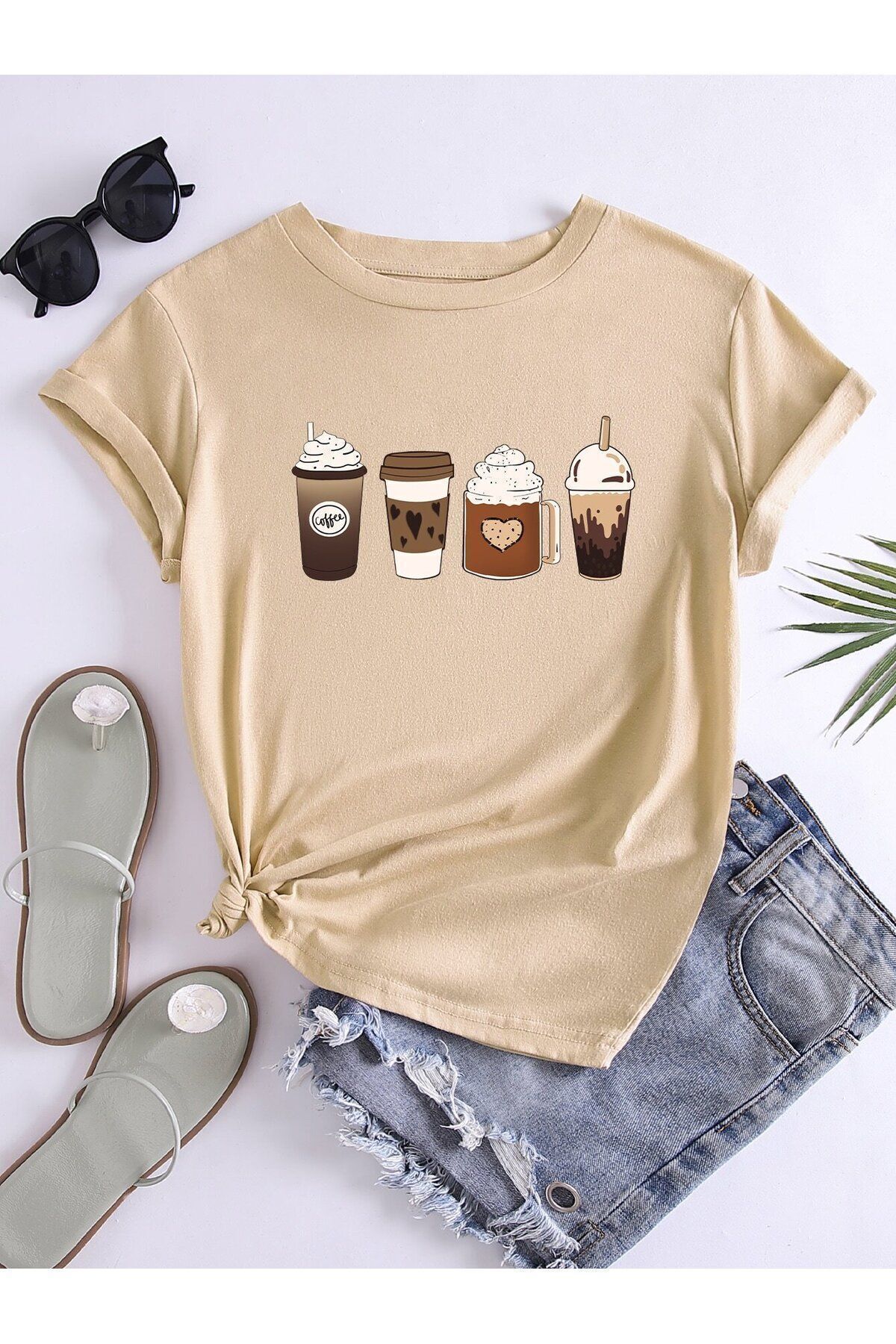 FoxSkin Sportswear&Company Coffee Cups Tişört - Bej Baskılı Oversize Yazlık Kısa Kol T-Shirt Bisiklet Yaka