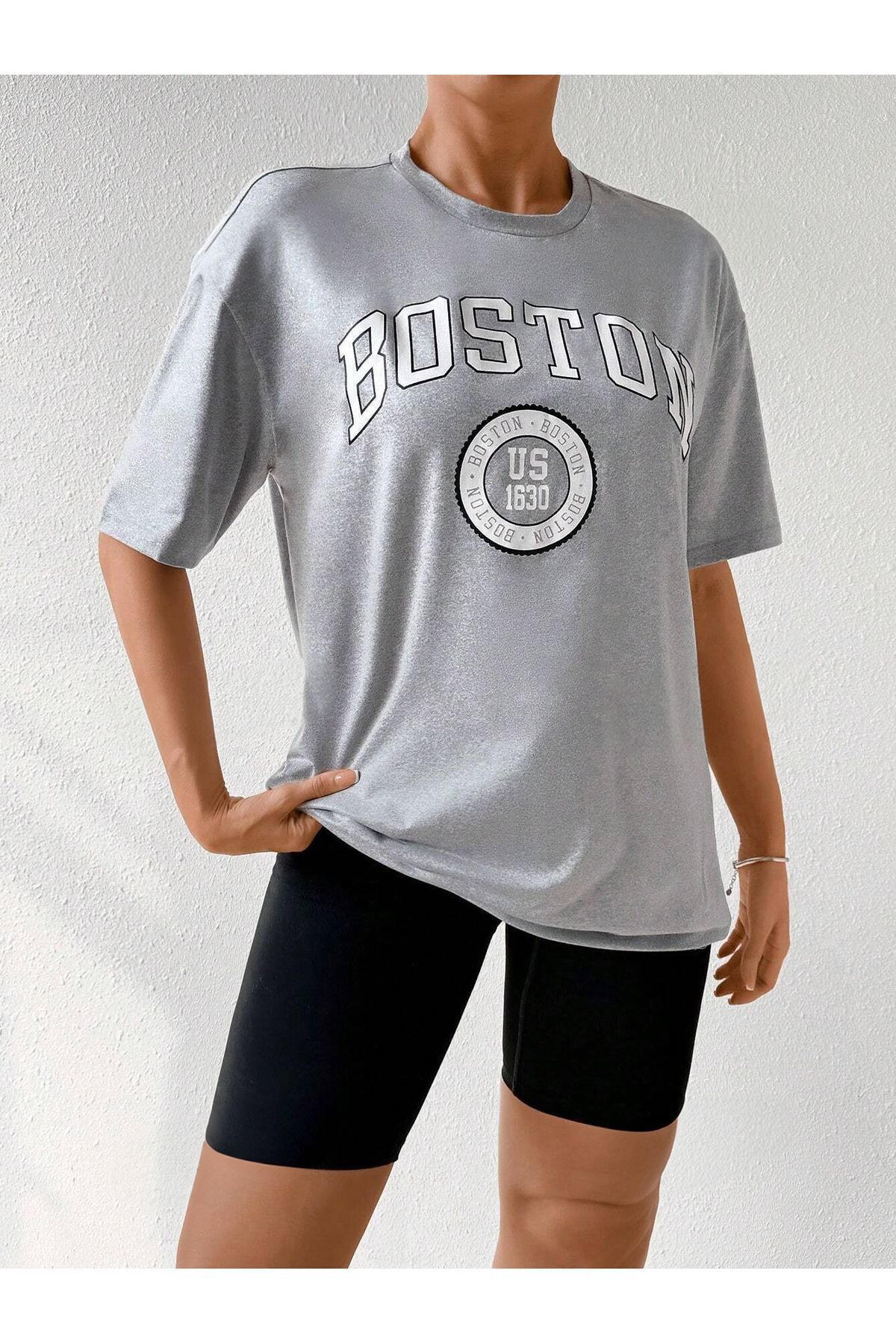 FoxSkin Sportswear&Company Boston Logo Tişört - Gri Baskılı Oversize Yazlık Kısa Kol T-Shirt Bisiklet Yaka