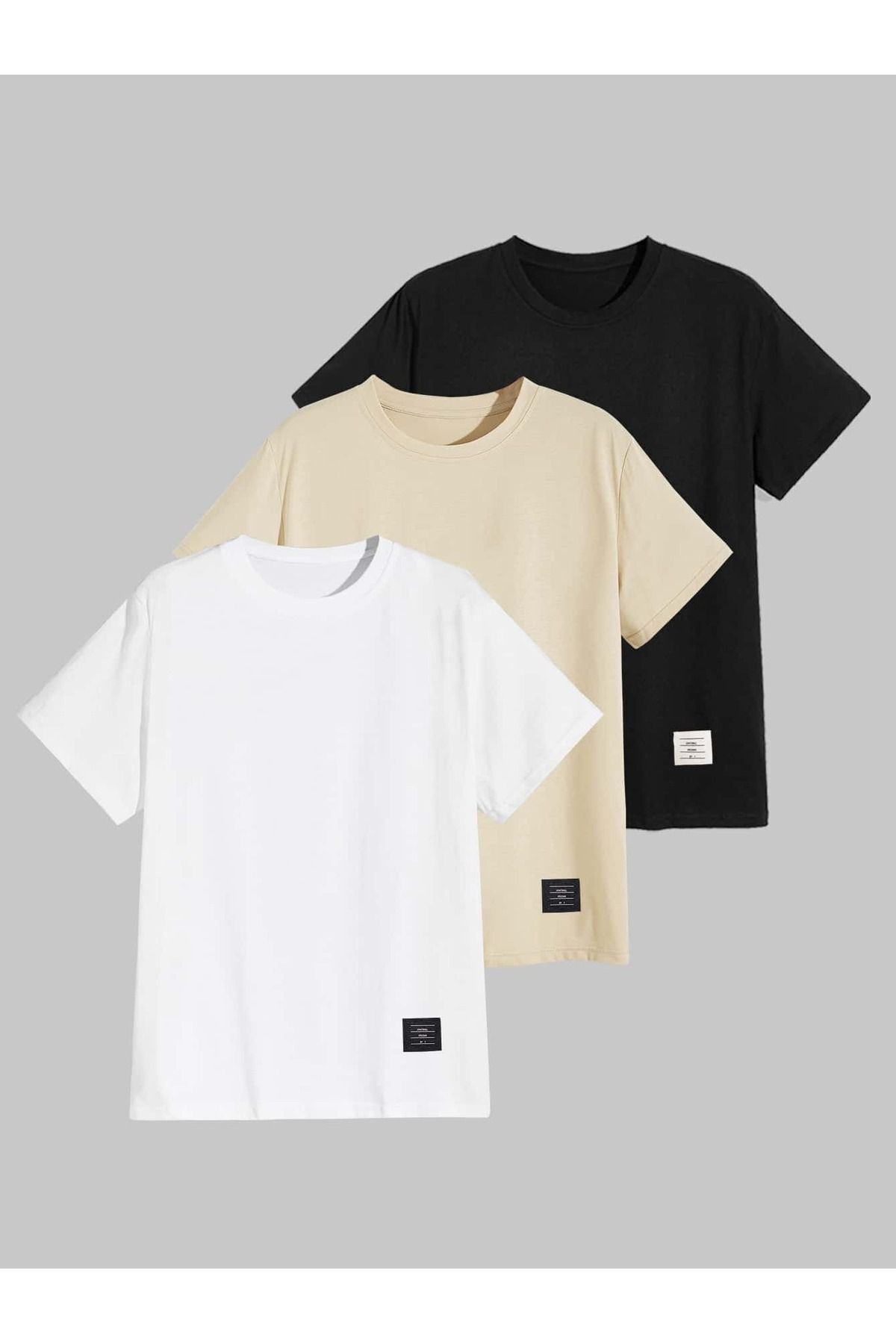 FoxSkin Sportswear&Company 3'lü Kare Desen Tişört - Siyah Bej Beyaz Baskılı Oversize Yazlık T-Shirt Bisiklet Yaka