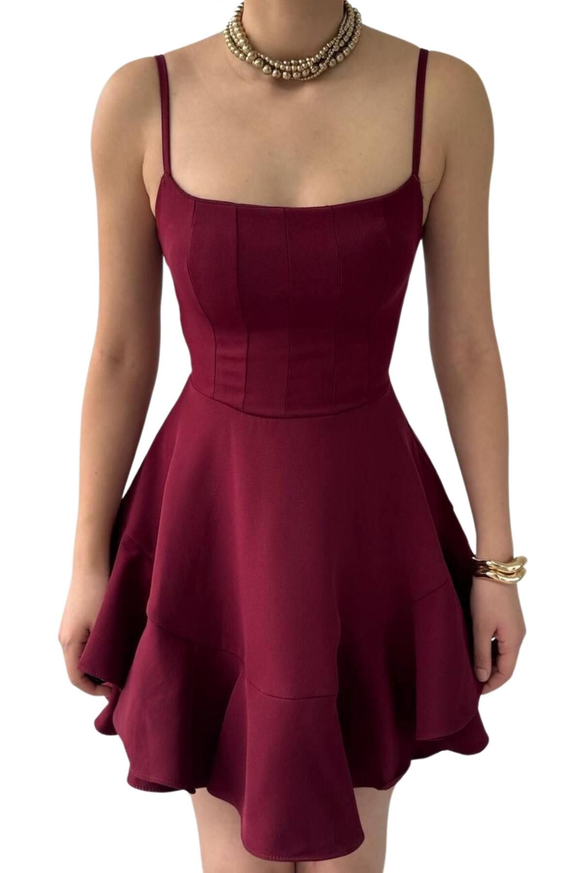 lovebox-Adjustable Burgundy Ball Gown Evening Dress & Homecoming Dress with Skirt Fold Detail Straps 102 3