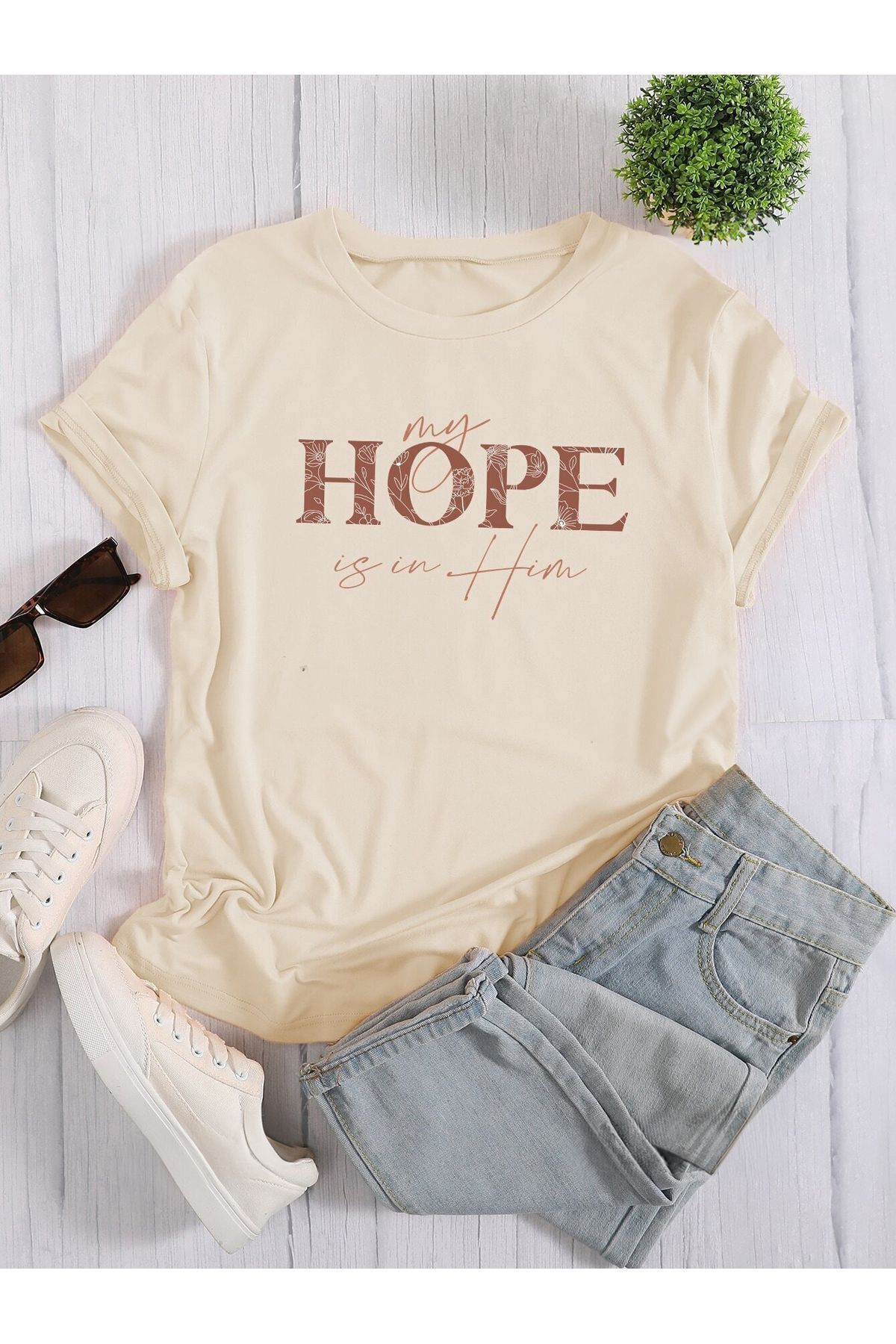 FoxSkin Sportswear&Company Hope Him Tişört - Bej Baskılı Oversize Yazlık Kısa Kol T-Shirt Bisiklet Yaka