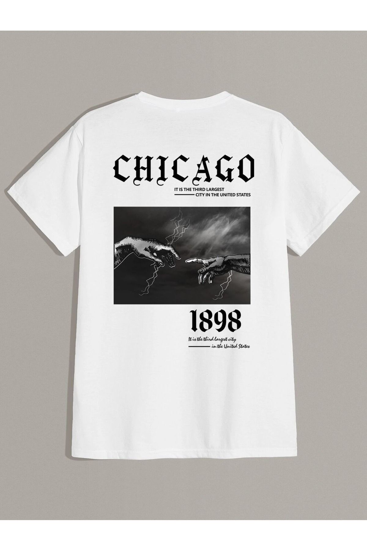 FoxSkin Sportswear&Company Chicago 1898 Hands Tişört - Beyaz Baskılı Oversize Yazlık Kısa Kol T-Shirt Bisiklet Yaka