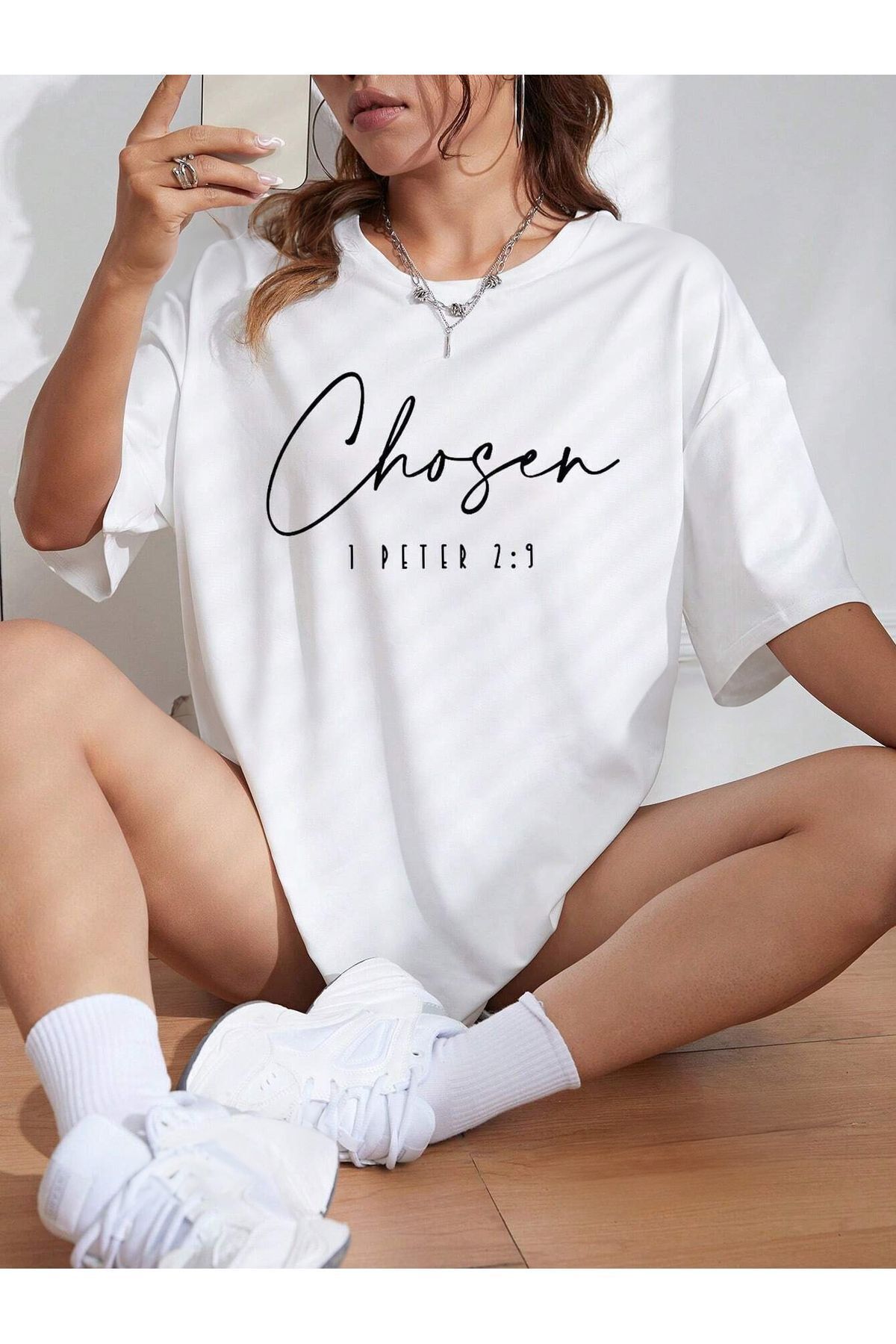 FoxSkin Sportswear&Company Chosen Peter Tişört - Beyaz Baskılı Oversize Yazlık Kısa Kol T-Shirt Bisiklet Yaka