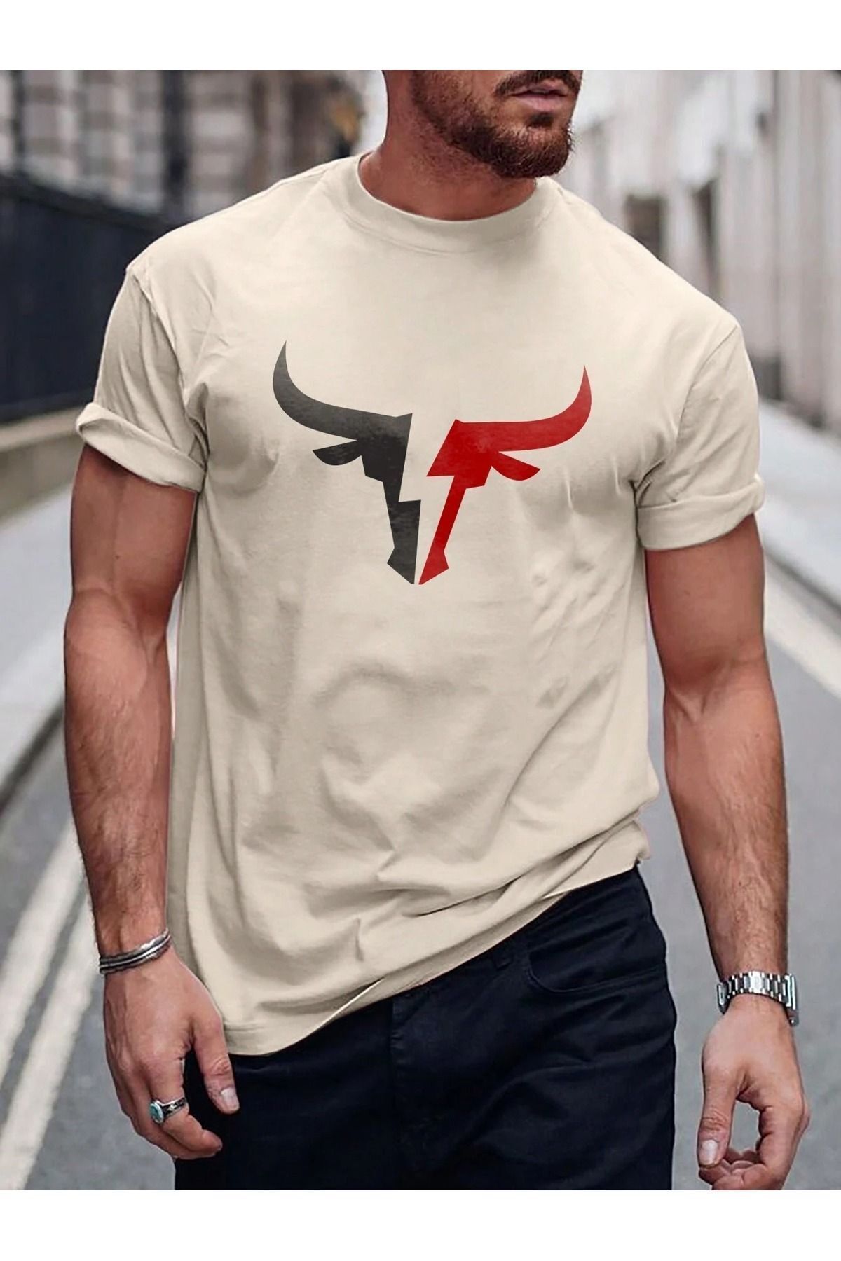 FoxSkin Sportswear&Company Boynuz Tişört - Bej Baskılı Oversize Yazlık Kısa Kol T-Shirt Bisiklet Yaka