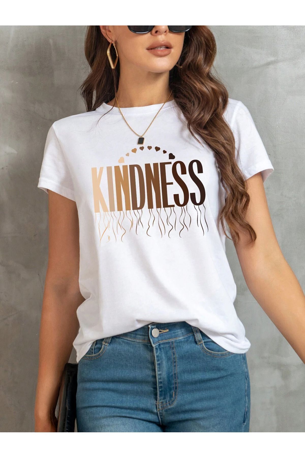 FoxSkin Sportswear&Company Kindness Tişört - Beyaz Baskılı Oversize Yazlık Kısa Kol T-Shirt Bisiklet Yaka