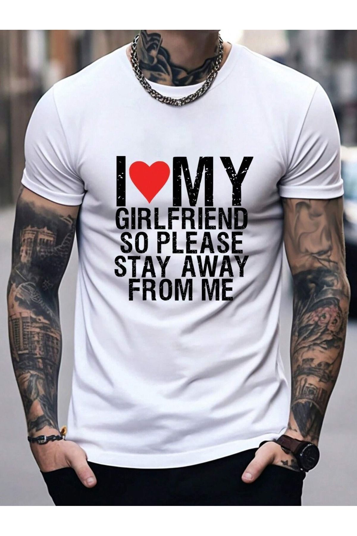 FoxSkin Sportswear&Company I Love Girlfriend Tişört - Beyaz Baskılı Oversize Yazlık Kısa Kol T-Shirt Bisiklet Yaka