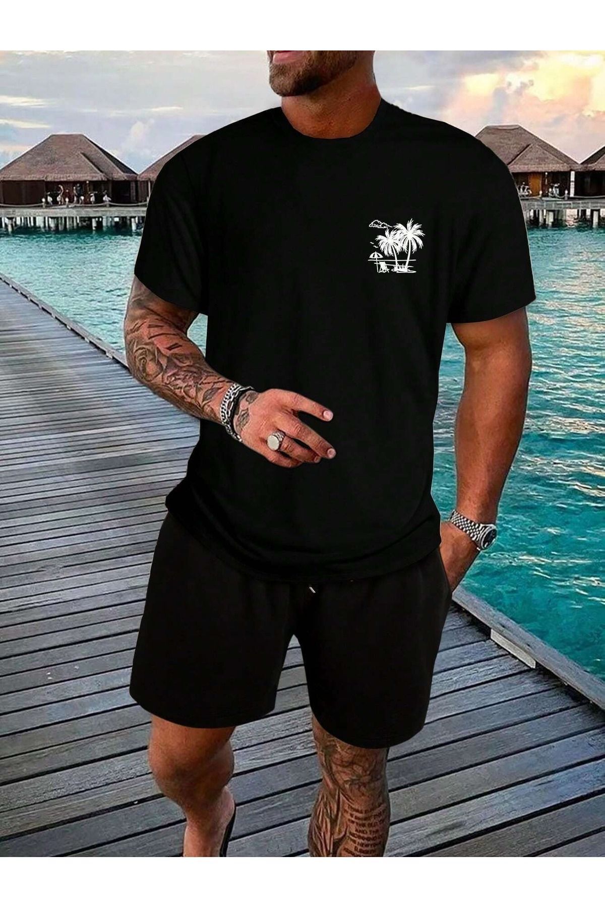 FoxSkin Sportswear&Company Palmiye Tişört - Siyah Baskılı Oversize Yazlık Kısa Kol T-Shirt Bisiklet Yaka
