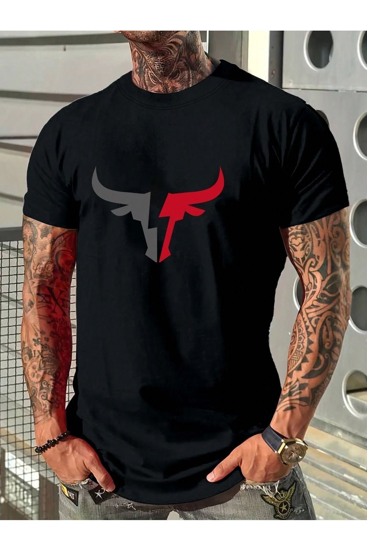 FoxSkin Sportswear&Company Boynuz Tişört - Siyah Baskılı Oversize Yazlık Kısa Kol T-Shirt Bisiklet Yaka