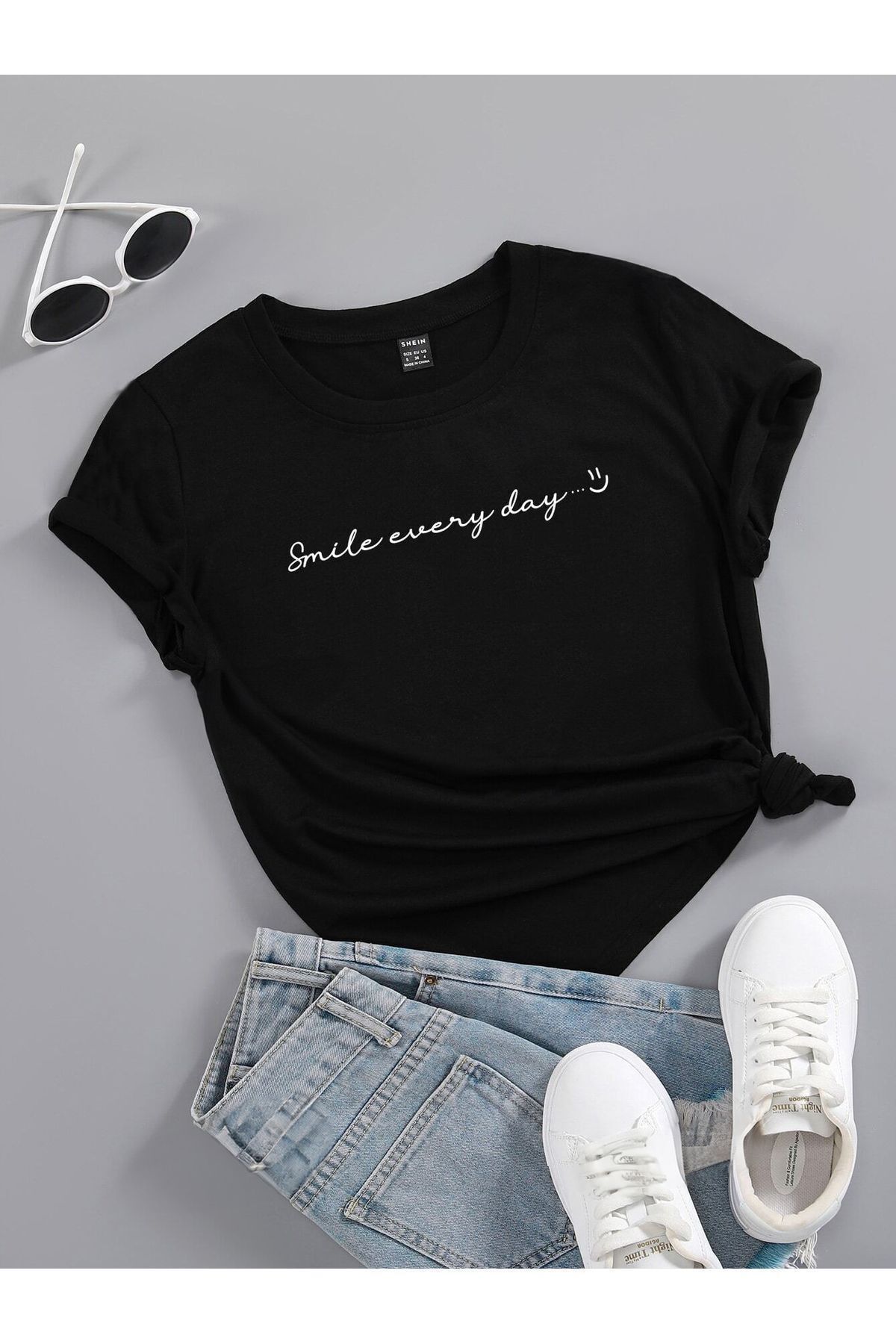 FoxSkin Sportswear&Company Smile Every Day Tişört - Siyah Baskılı Oversize Yazlık Kısa Kol T-Shirt Bisiklet Yaka