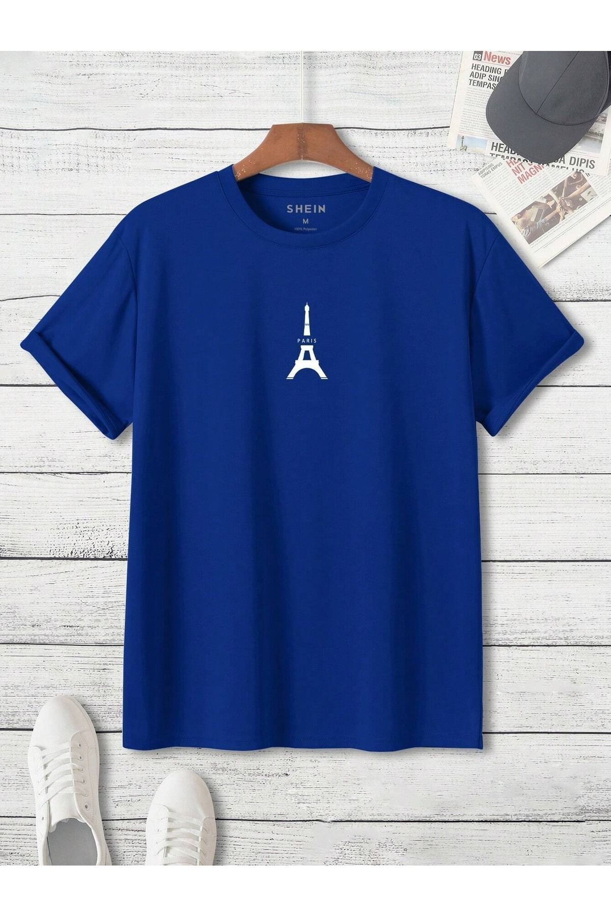 FoxSkin Sportswear&Company Eyfel Paris Tişört - Sax Mavi Baskılı Oversize Yazlık Kısa Kol T-Shirt Bisiklet Yaka