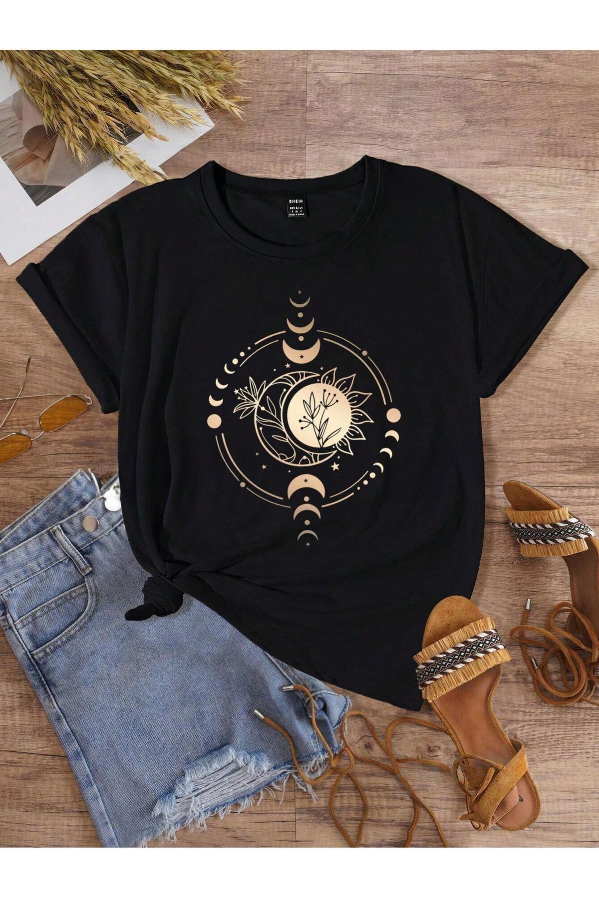 FoxSkin Sportswear&Company Ay Bitki Tişört - Siyah Baskılı Oversize Yazlık Kısa Kol T-Shirt Bisiklet Yaka