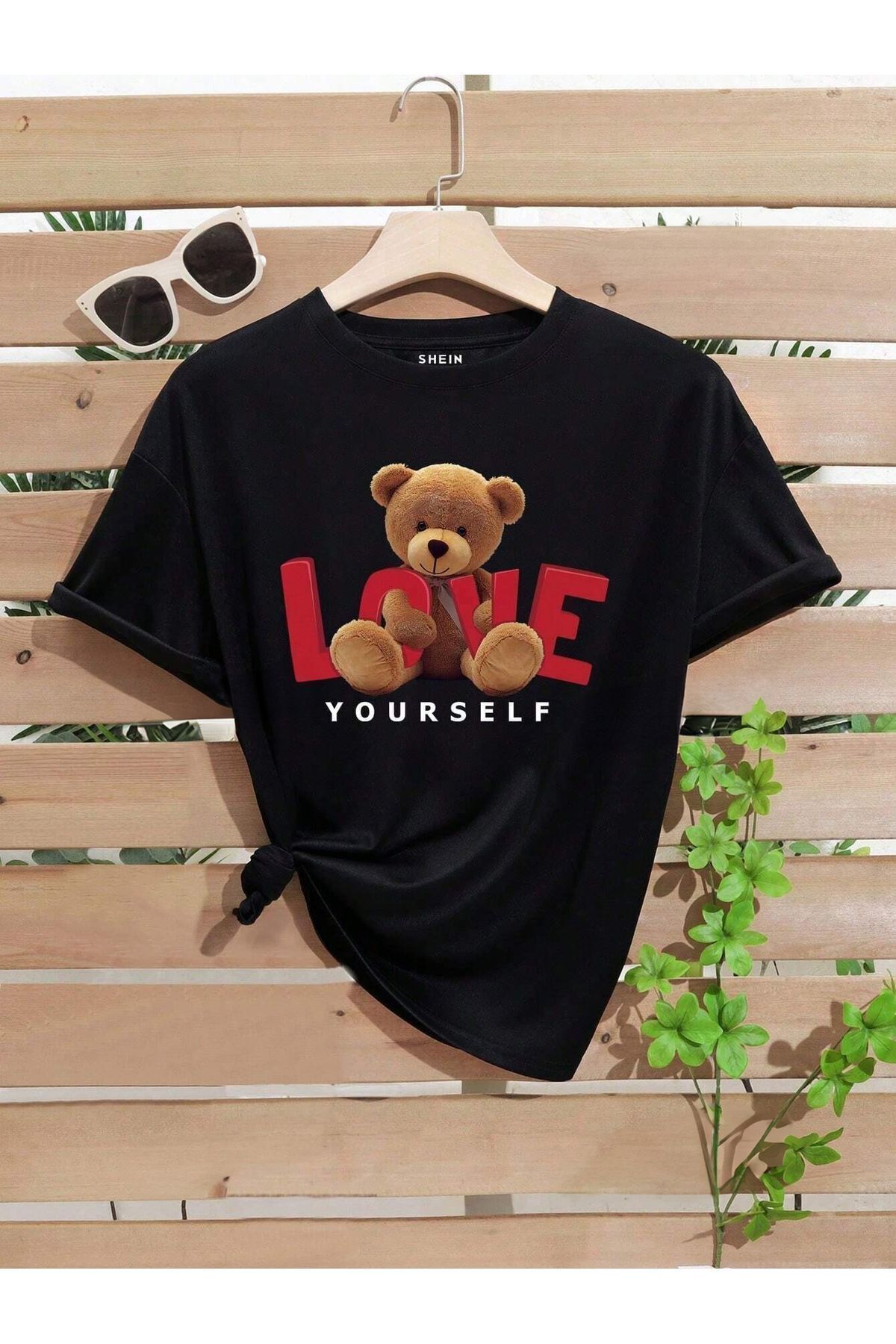 FoxSkin Sportswear&Company Love Yourself Bear Tişört - Siyah Baskılı Oversize Yazlık Kısa Kol T-Shirt Bisiklet Yaka