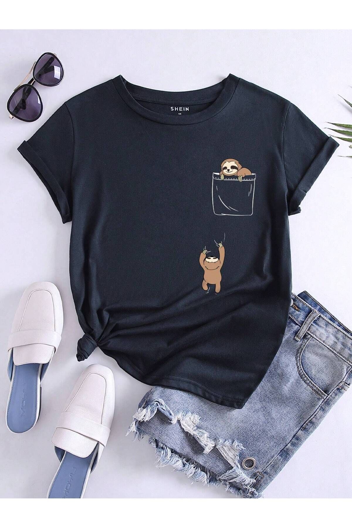 FoxSkin Sportswear&Company Cep Sloths Tişört - Siyah Baskılı Oversize Yazlık Kısa Kol T-Shirt Bisiklet Yaka
