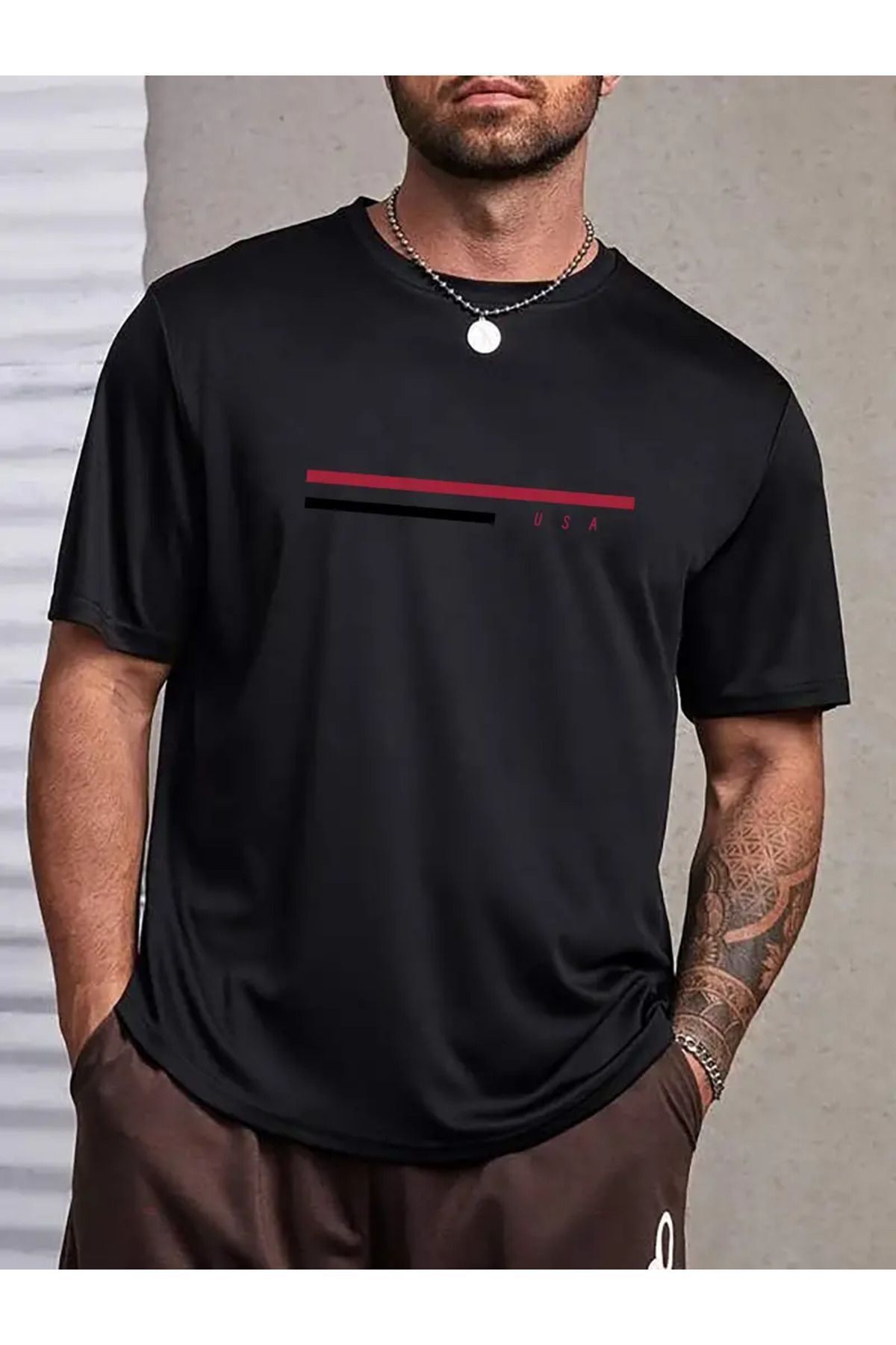 FoxSkin Sportswear&Company Usa Çift Şerit Tişört - Siyah Baskılı Oversize Yazlık Kısa Kol T-Shirt Bisiklet Yaka