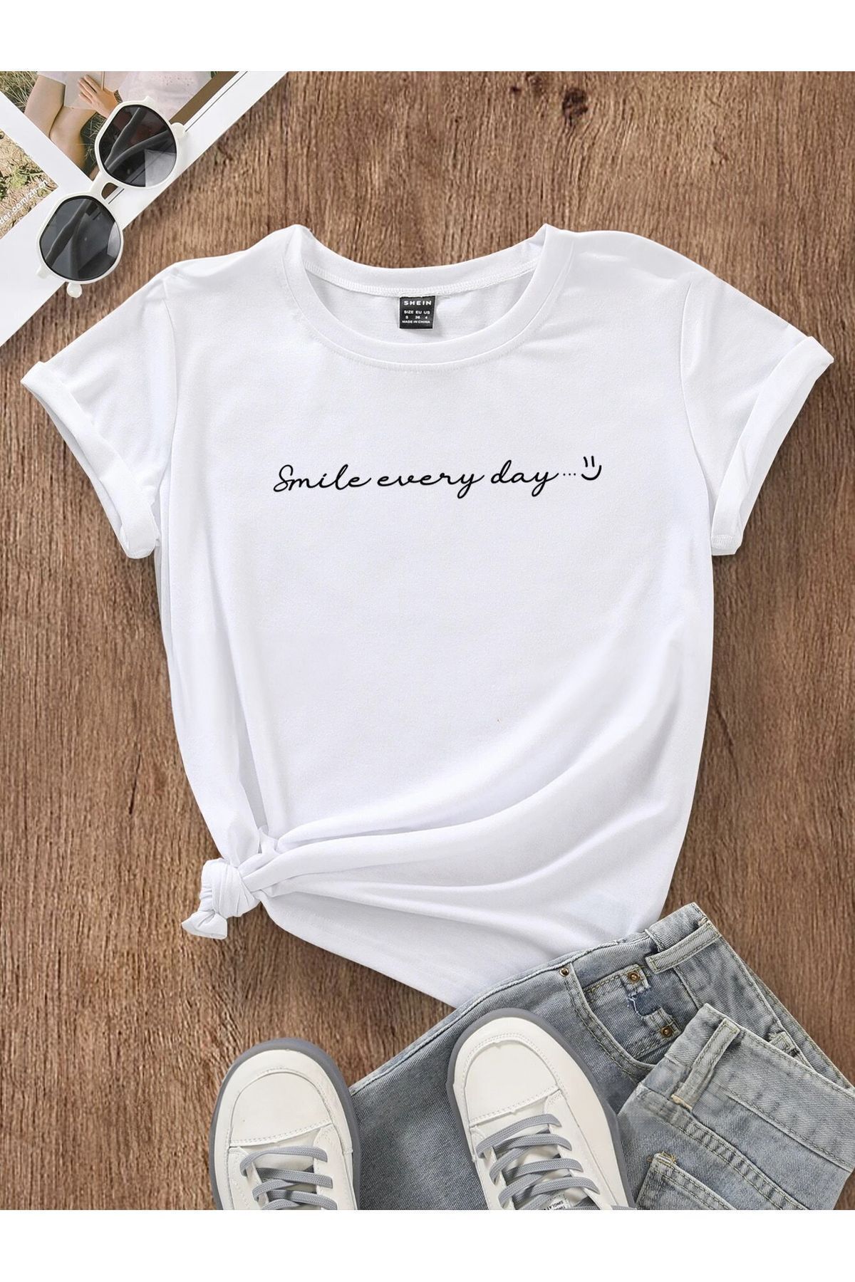 FoxSkin Sportswear&Company Smile Every Day Tişört - Beyaz Baskılı Oversize Yazlık Kısa Kol T-Shirt Bisiklet Yaka