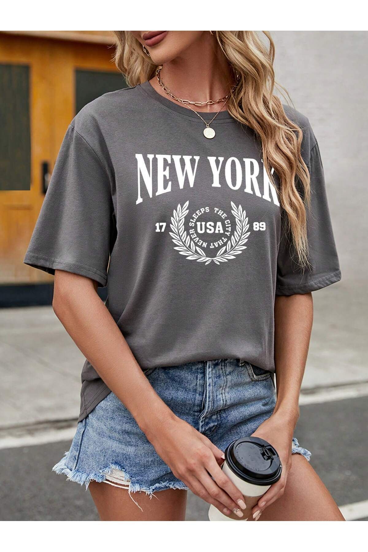 FoxSkin Sportswear&Company New York 1789 Tişört - Füme Baskılı Oversize Yazlık Kısa Kol T-Shirt Bisiklet Yaka