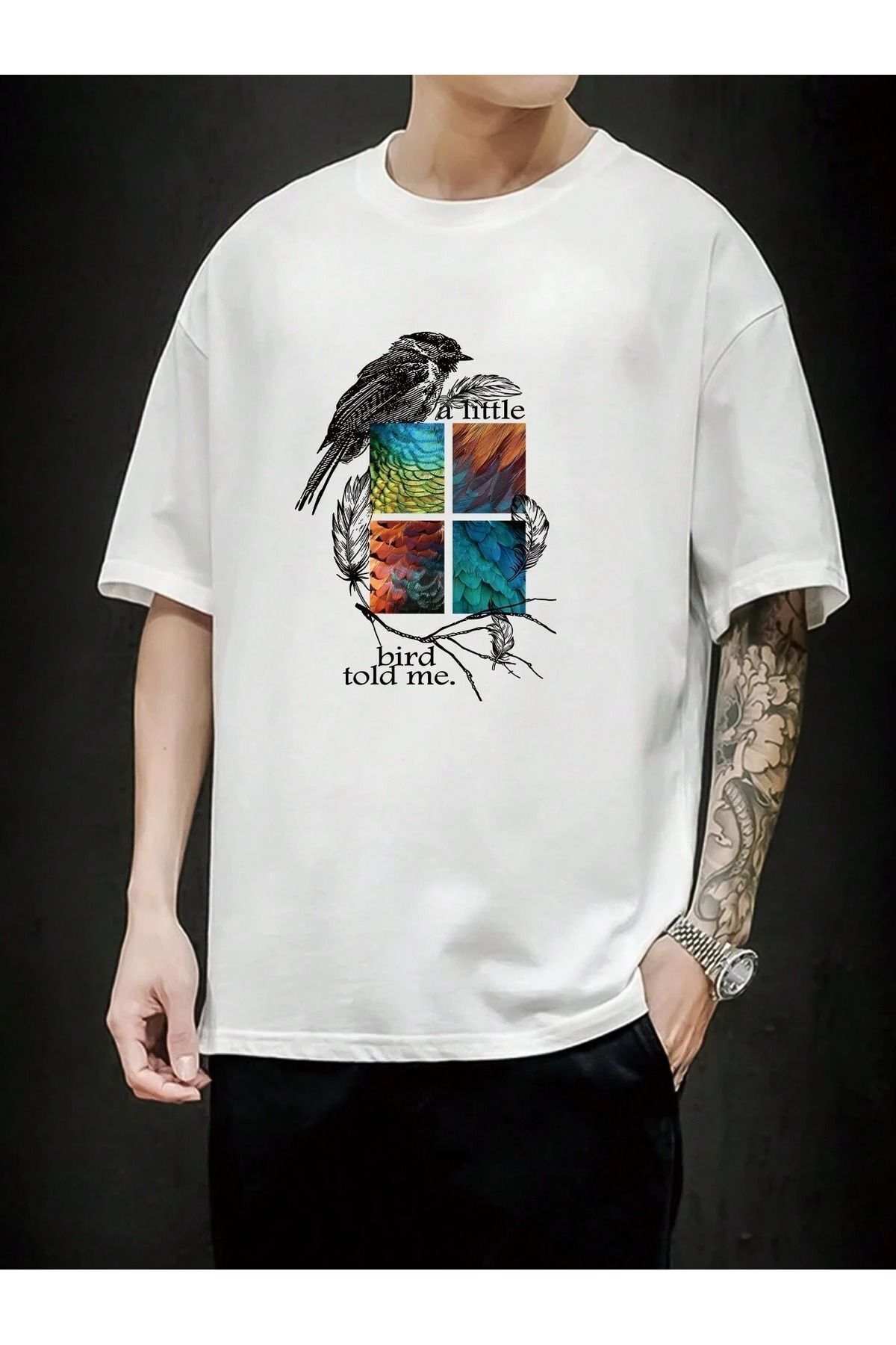 FoxSkin Sportswear&Company Bird Told Me Tişört - Beyaz Baskılı Oversize Yazlık Kısa Kol T-Shirt Bisiklet Yaka