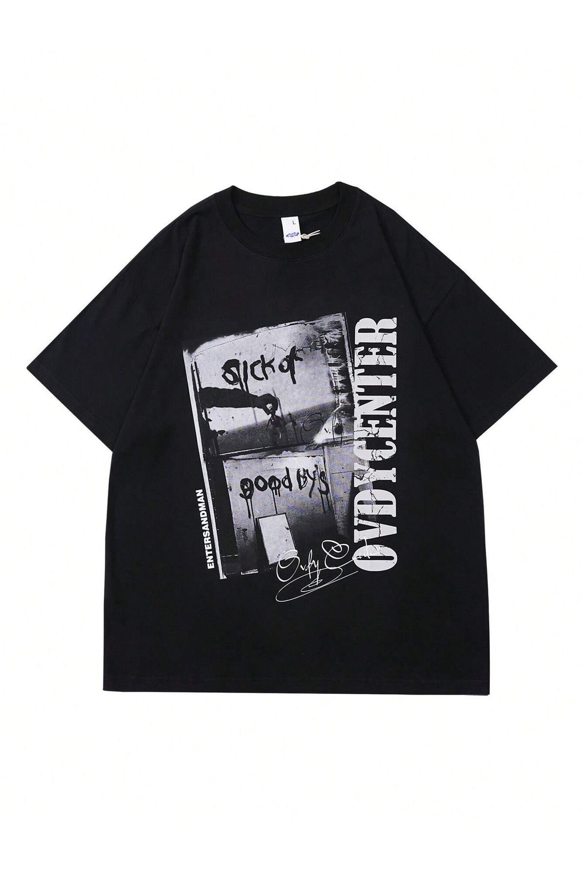 FoxSkin Sportswear&Company Ovdycenter Tişört - Siyah Baskılı Oversize Yazlık Kısa Kol T-Shirt Bisiklet Yaka