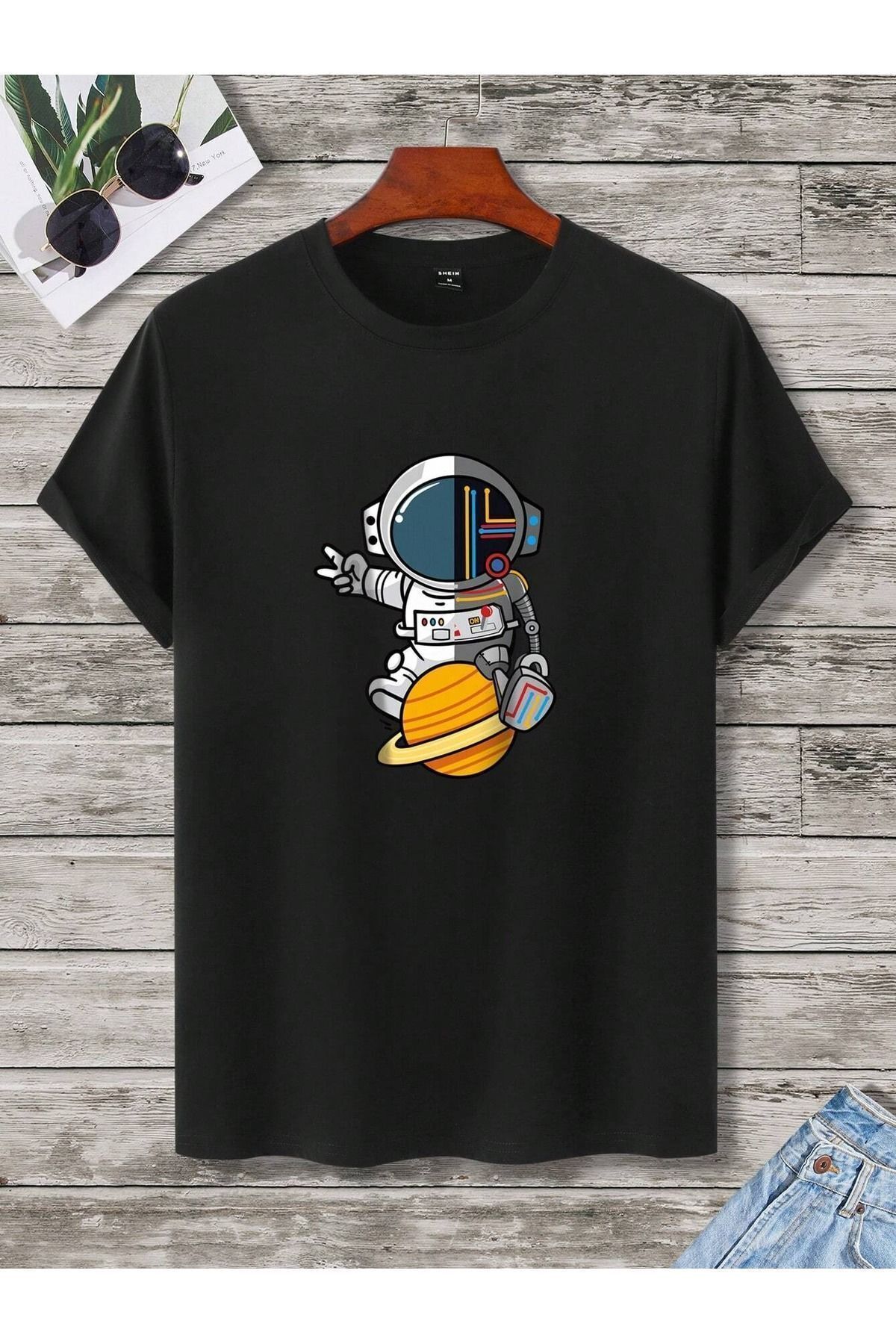 FoxSkin Sportswear&Company Astronot Çizim Tişört - Siyah Baskılı Oversize Yazlık Kısa Kol T-Shirt Bisiklet Yaka