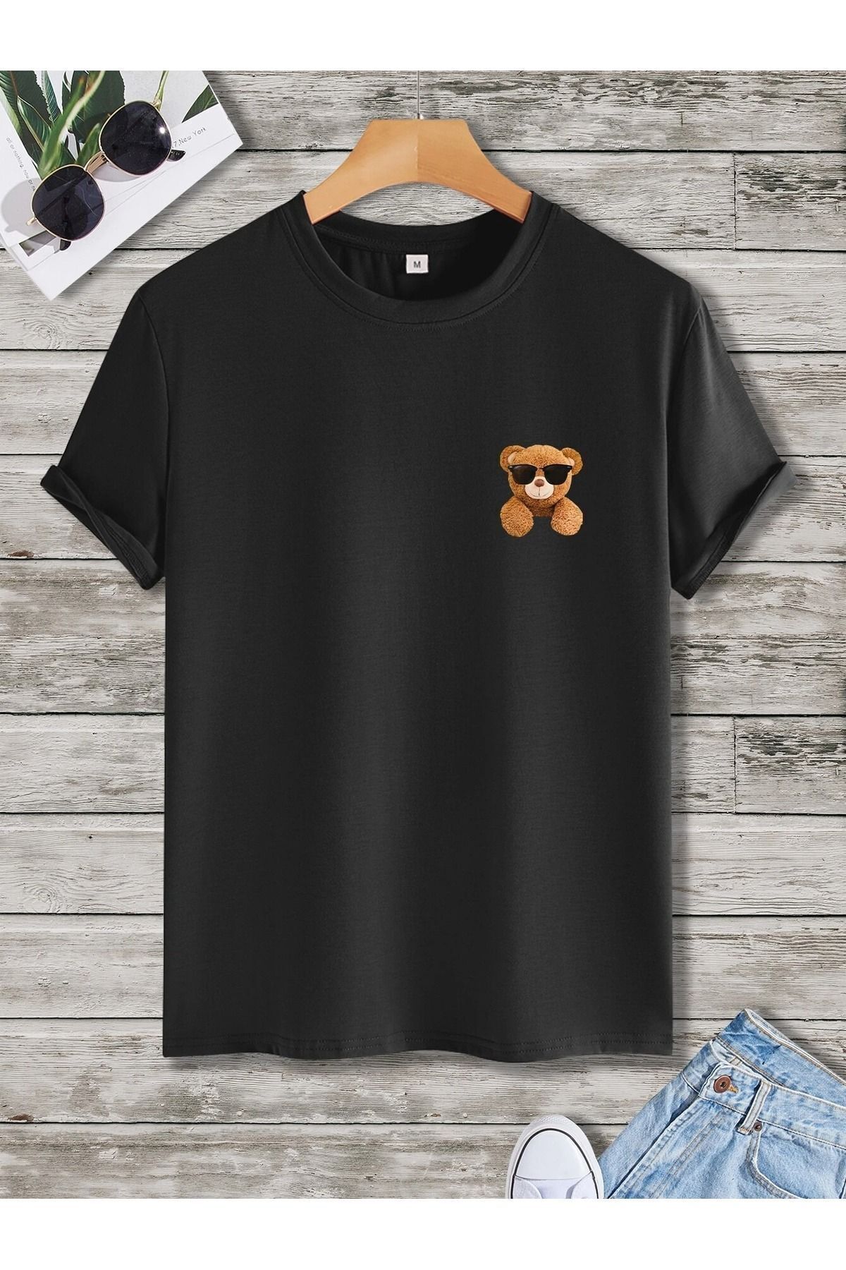 FoxSkin Sportswear&Company Gözlüklü Ayı Tişört - Siyah Baskılı Oversize Yazlık Kısa Kol T-Shirt Bisiklet Yaka