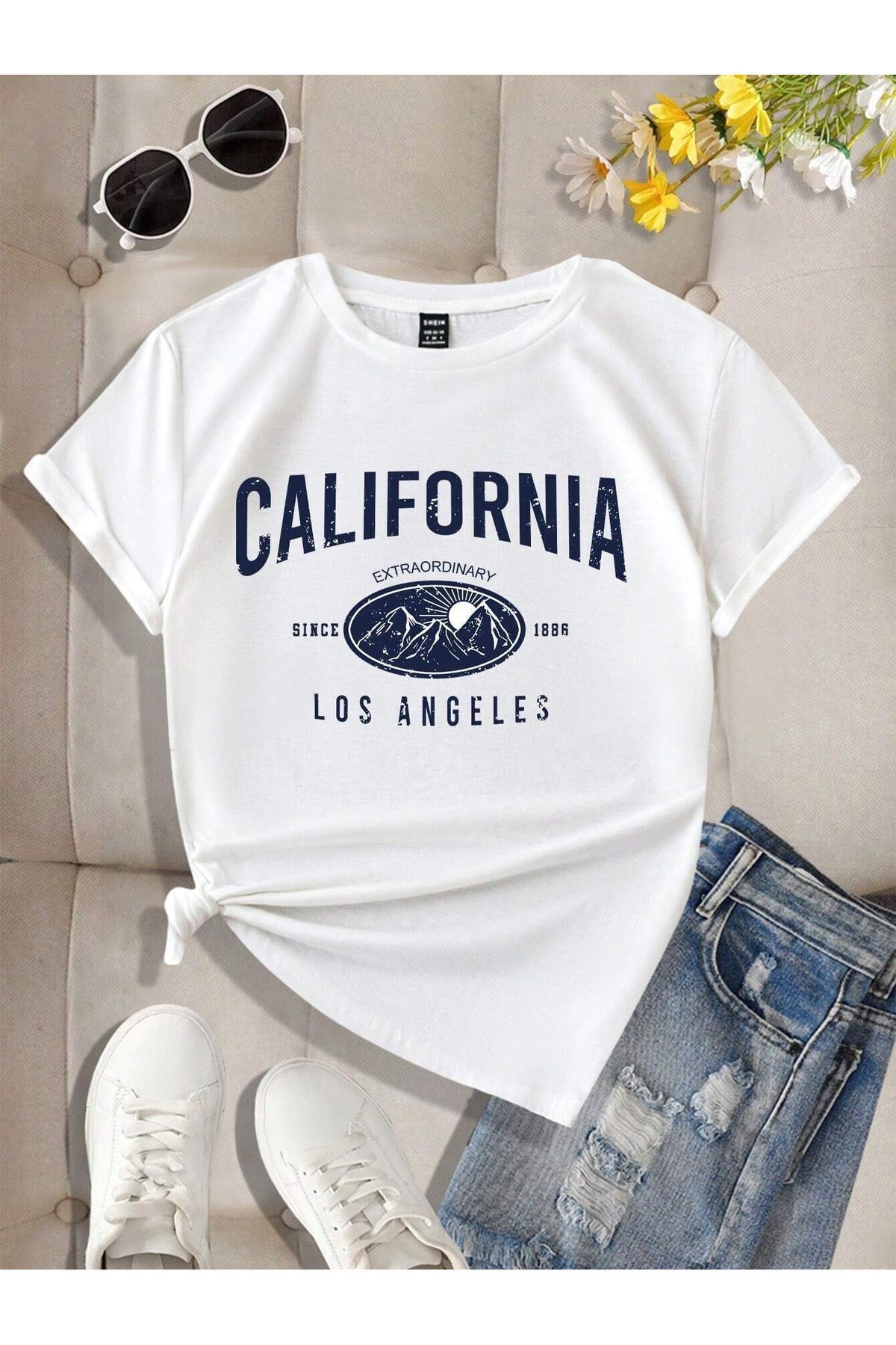 FoxSkin Sportswear&Company California Extra Tişört - Beyaz Baskılı Oversize Yazlık Kısa Kol T-Shirt Bisiklet Yaka