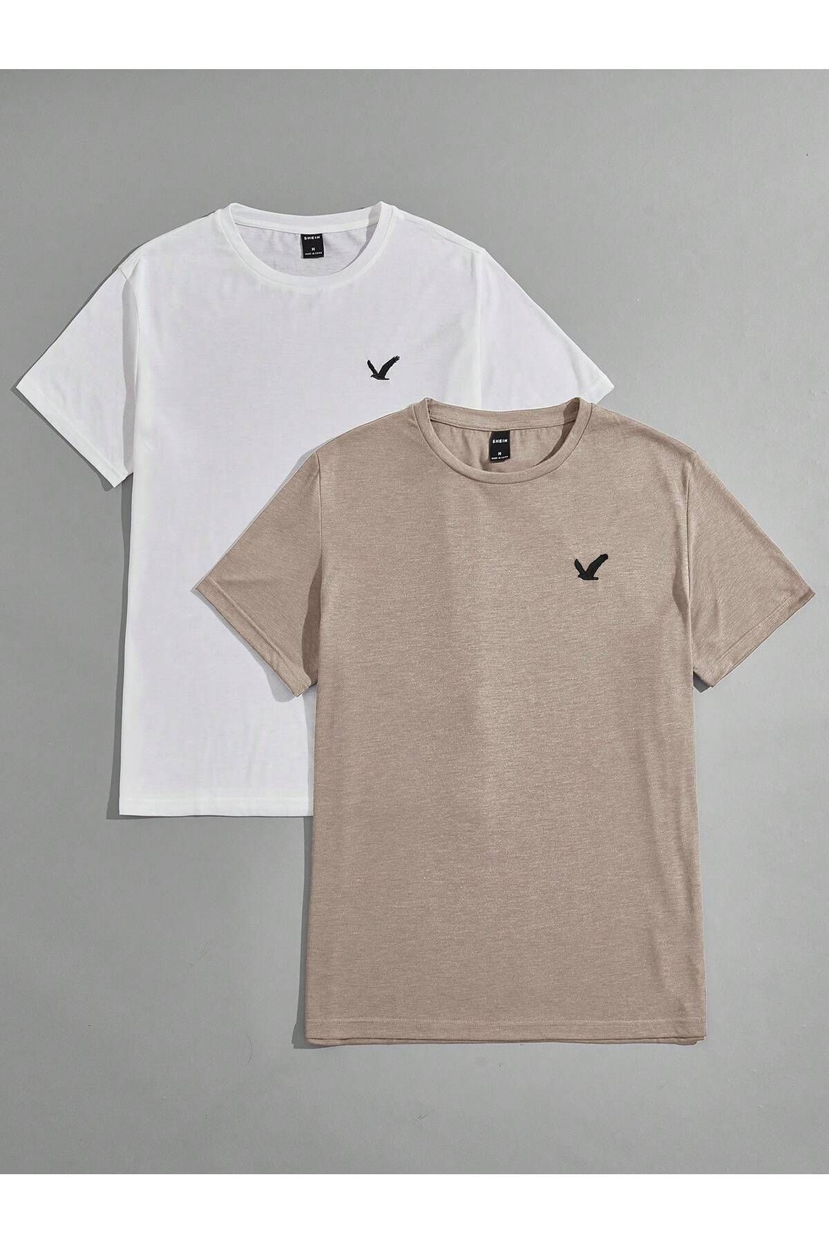 FoxSkin Sportswear&Company 2'li Uçan Kuş Logo Tişört - Beyaz Bej Baskılı Oversize Yazlık Kısa Kol T-Shirt Bisiklet Yaka