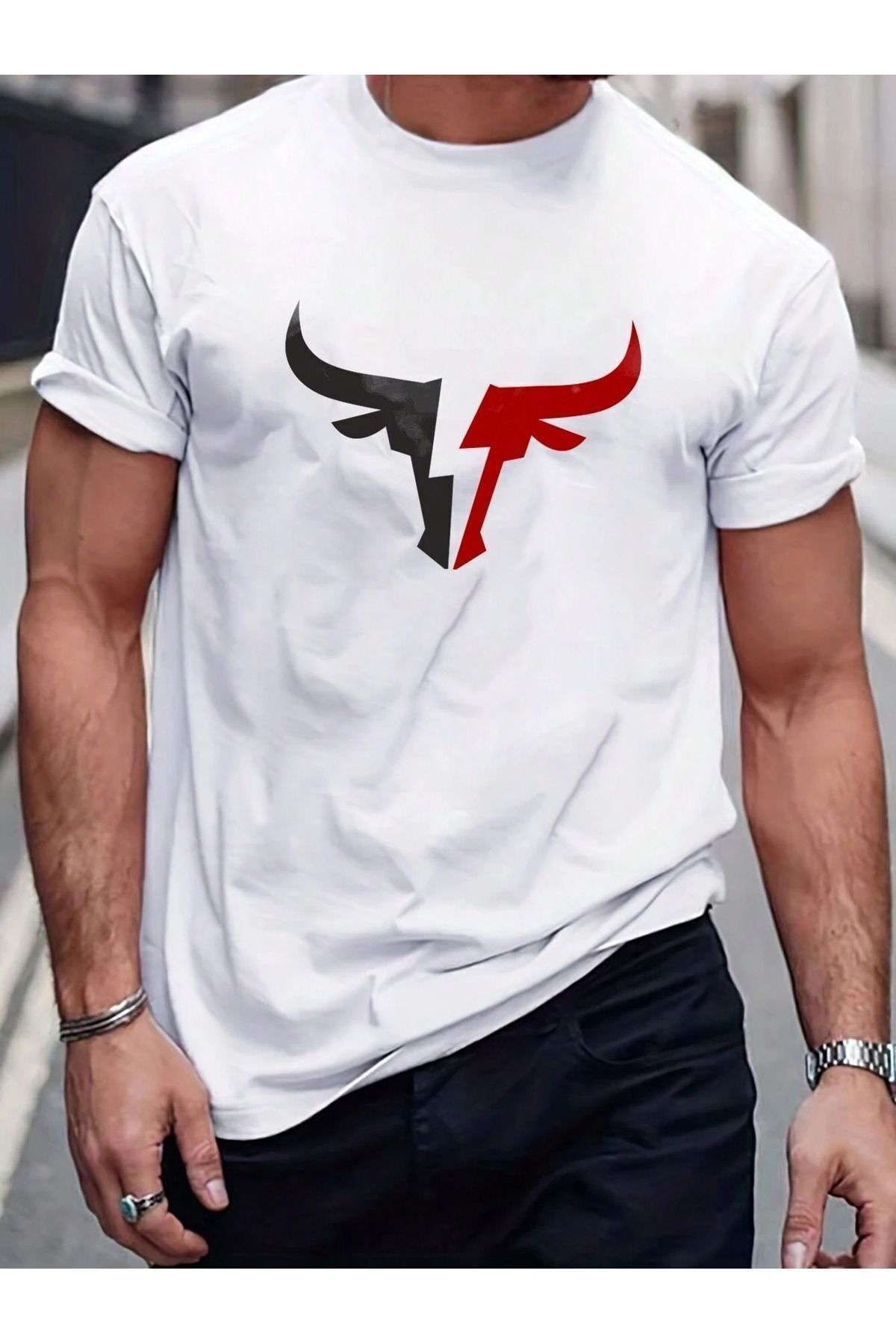 FoxSkin Sportswear&Company Boynuz Tişört - Beyaz Baskılı Oversize Yazlık Kısa Kol T-Shirt Bisiklet Yaka