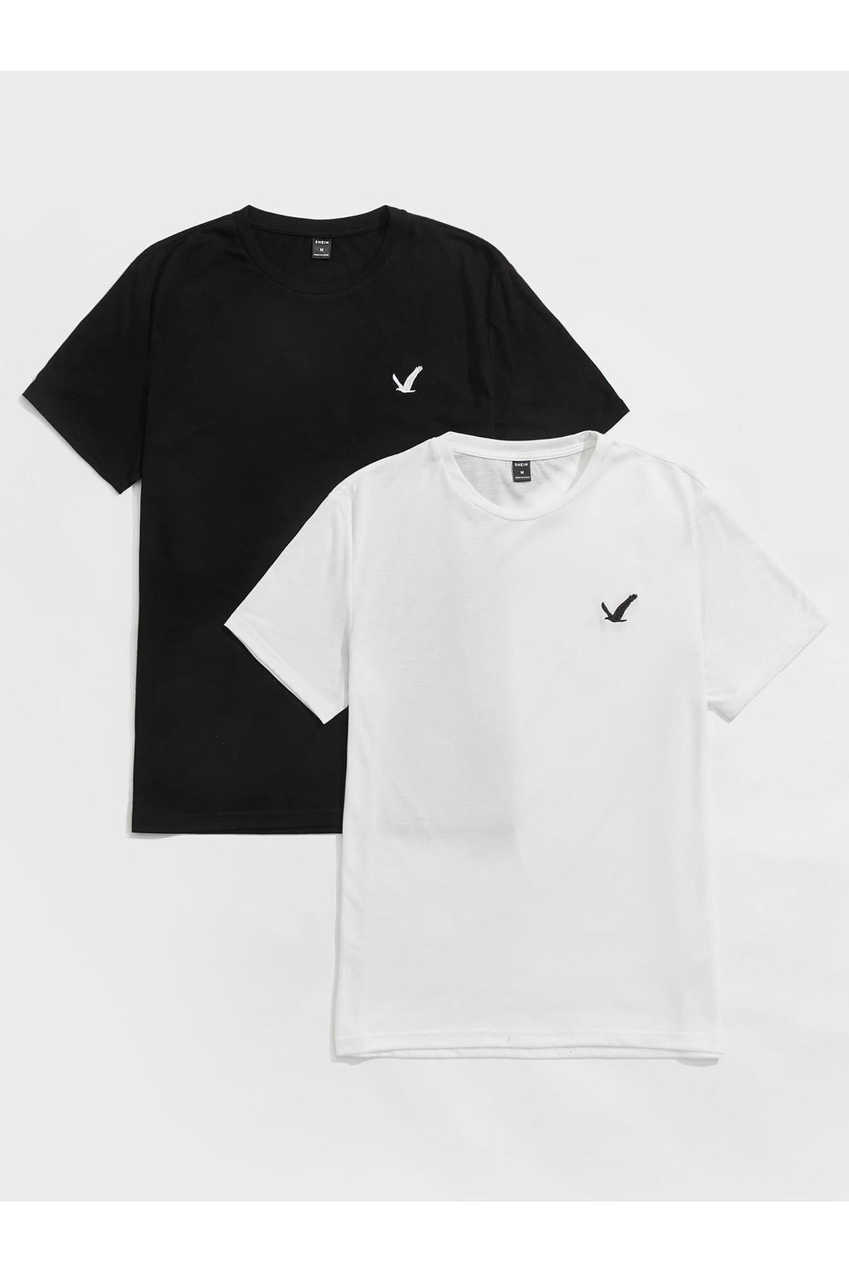 FoxSkin Sportswear&Company 2'li Uçan Kuş Logo Tişört - Siyah Beyaz Baskılı Oversize Yazlık Kısa Kol T-Shirt Bisiklet Yaka