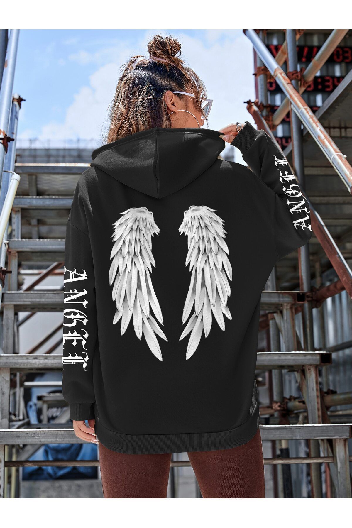 FoxSkin Sportswear&Company Angel Kanat Kalın Kışlık Sweatshirt - Siyah Baskılı Oversize Şardonlu Cepli Kapüşonlu