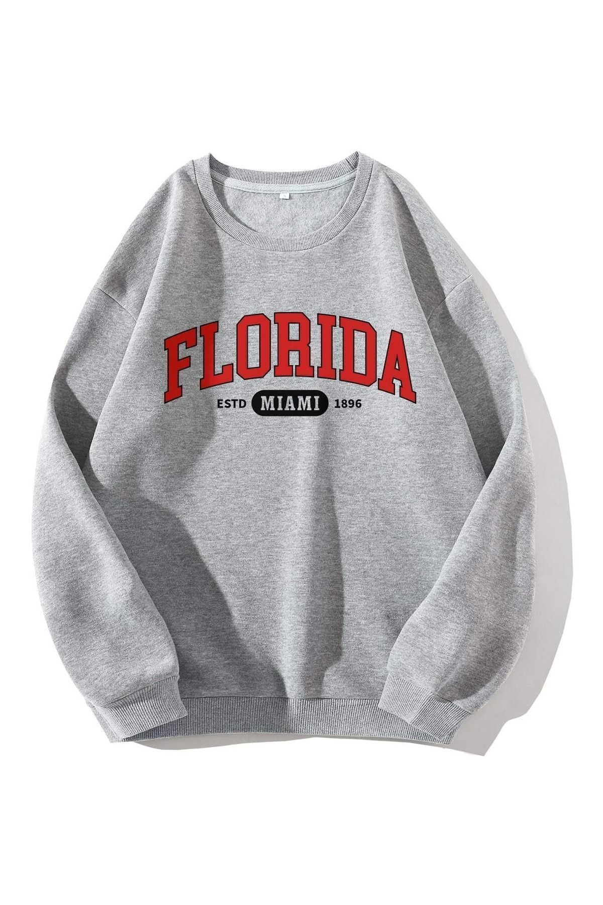 FoxSkin Sportswear&Company Florida Miami Kalın Kışlık Sweatshirt - Gri Baskılı Oversize Şardonlu Bisiklet Yaka