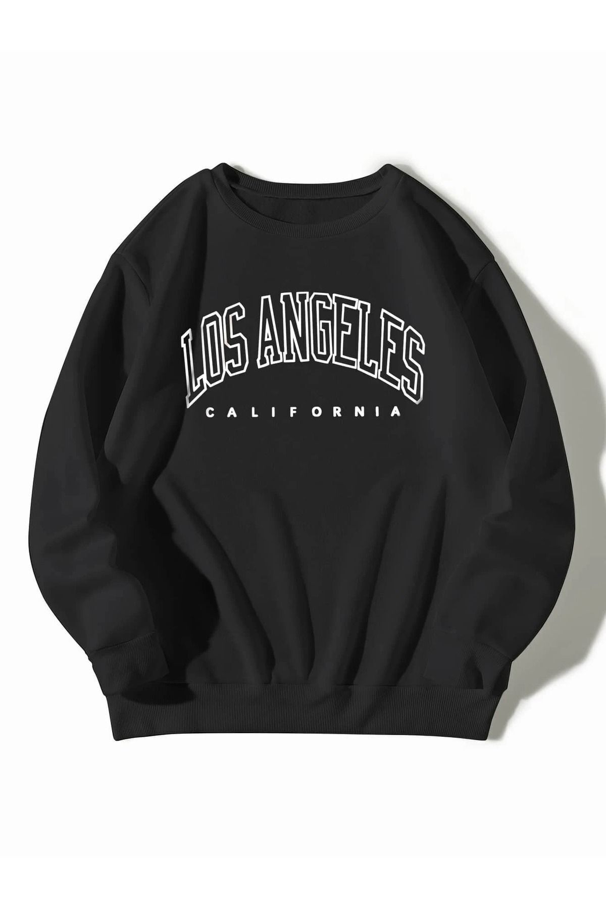 FoxSkin Sportswear&Company Los Angeles Kalın Kışlık Sweatshirt - Siyah Baskılı Oversize Şardonlu Bisiklet Yaka