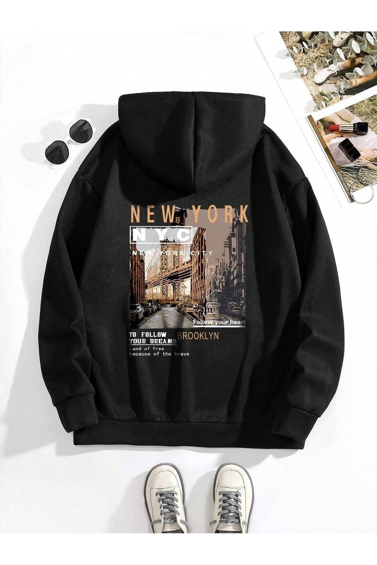 FoxSkin Sportswear&Company New York Nyc Kalın Kışlık Sweatshirt - Siyah Baskılı Oversize Şardonlu Kapüşonlu