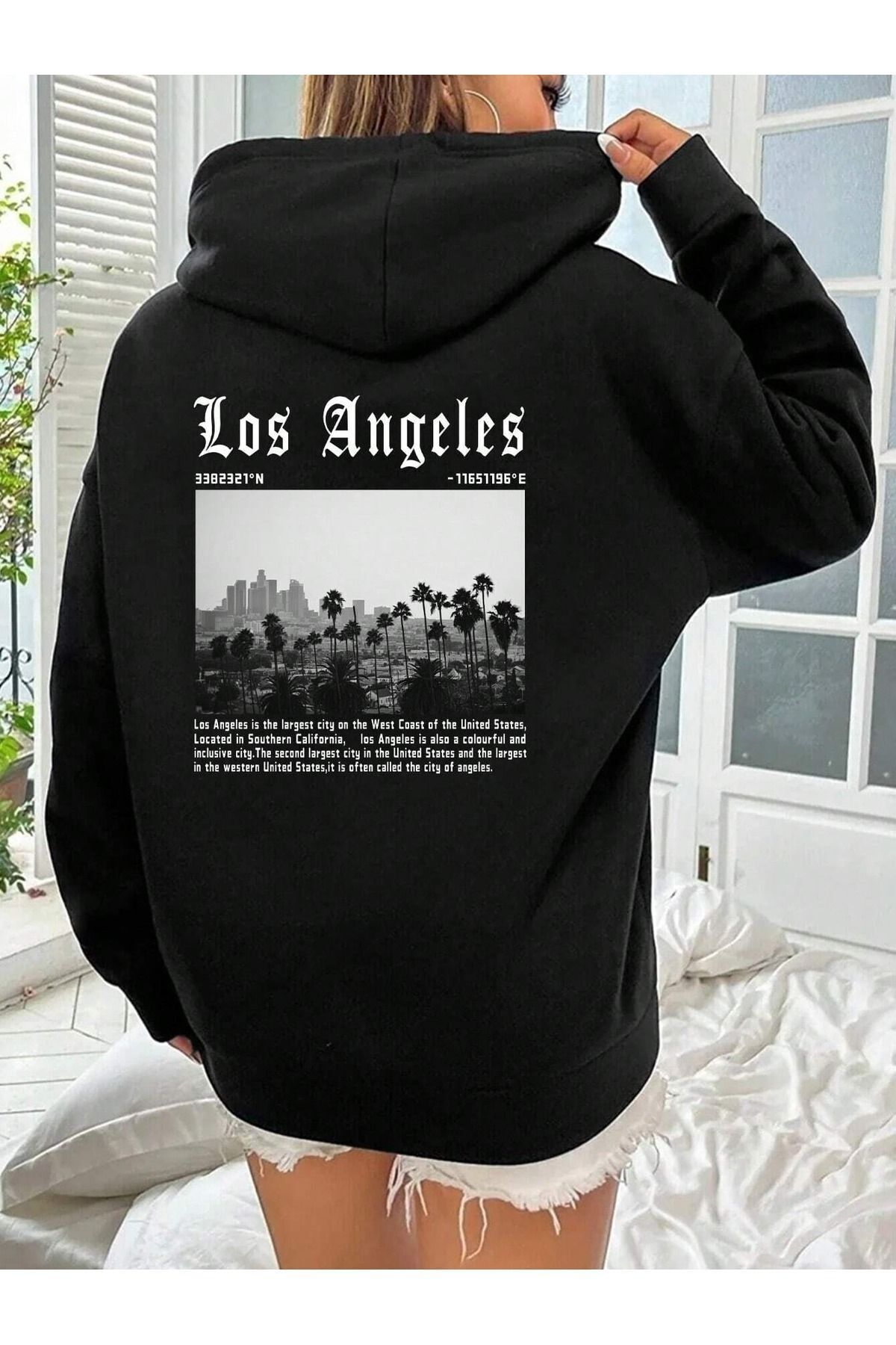 FoxSkin Sportswear&Company Los Angeles Coordinate Kalın Kışlık Sweatshirt - Siyah Baskılı Oversize Şardonlu Kapüşonlu