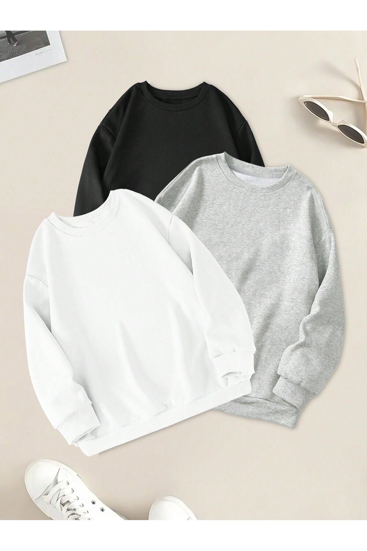 FoxSkin Sportswear&Company 3'lü Basic Düz Kalın Kışlık Sweatshirt - Siyah Gri Beyaz Oversize Şardonlu Bisiklet Yaka