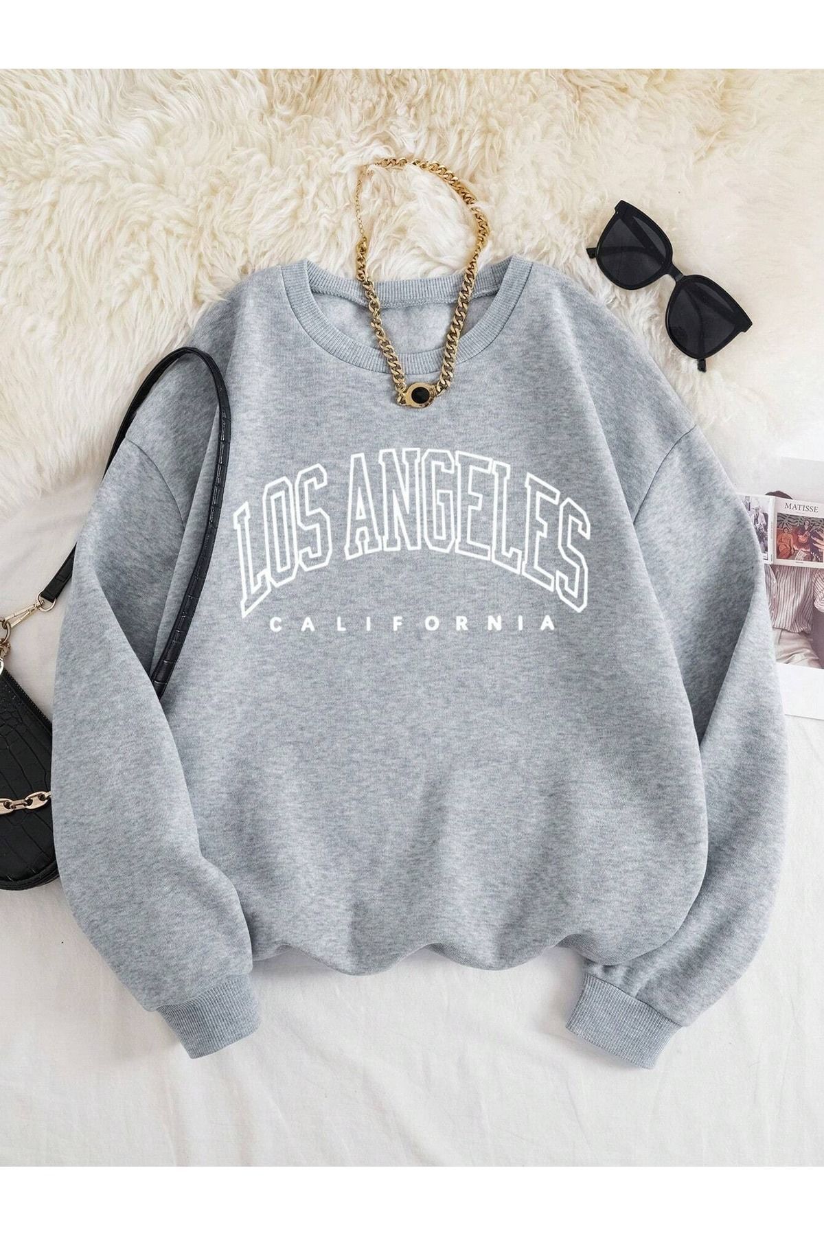 FoxSkin Sportswear&Company Los Angeles Kalın Kışlık Sweatshirt - Gri Baskılı Oversize Şardonlu Bisiklet Yaka