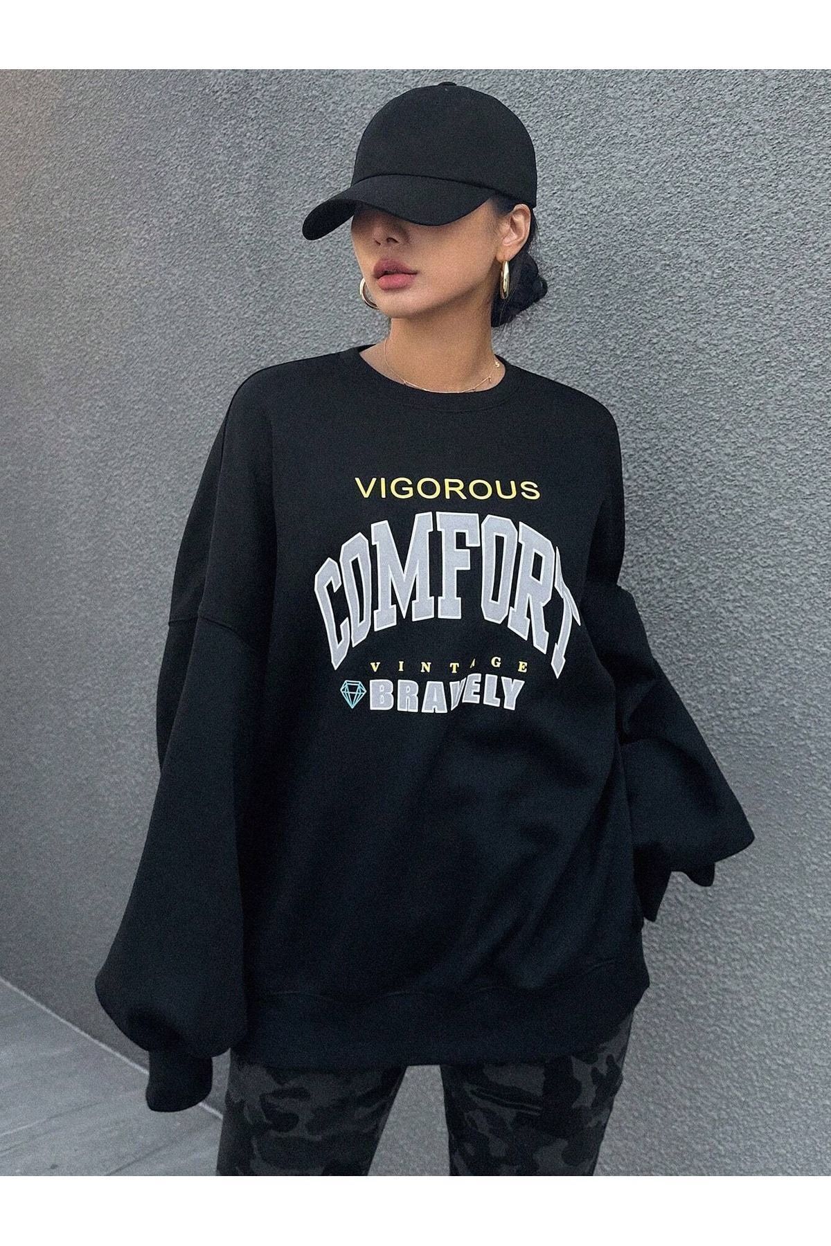 FoxSkin Sportswear&Company Vigorous Comfort Kalın Kışlık Sweatshirt - Siyah Baskılı Oversize Şardonlu Bisiklet Yaka
