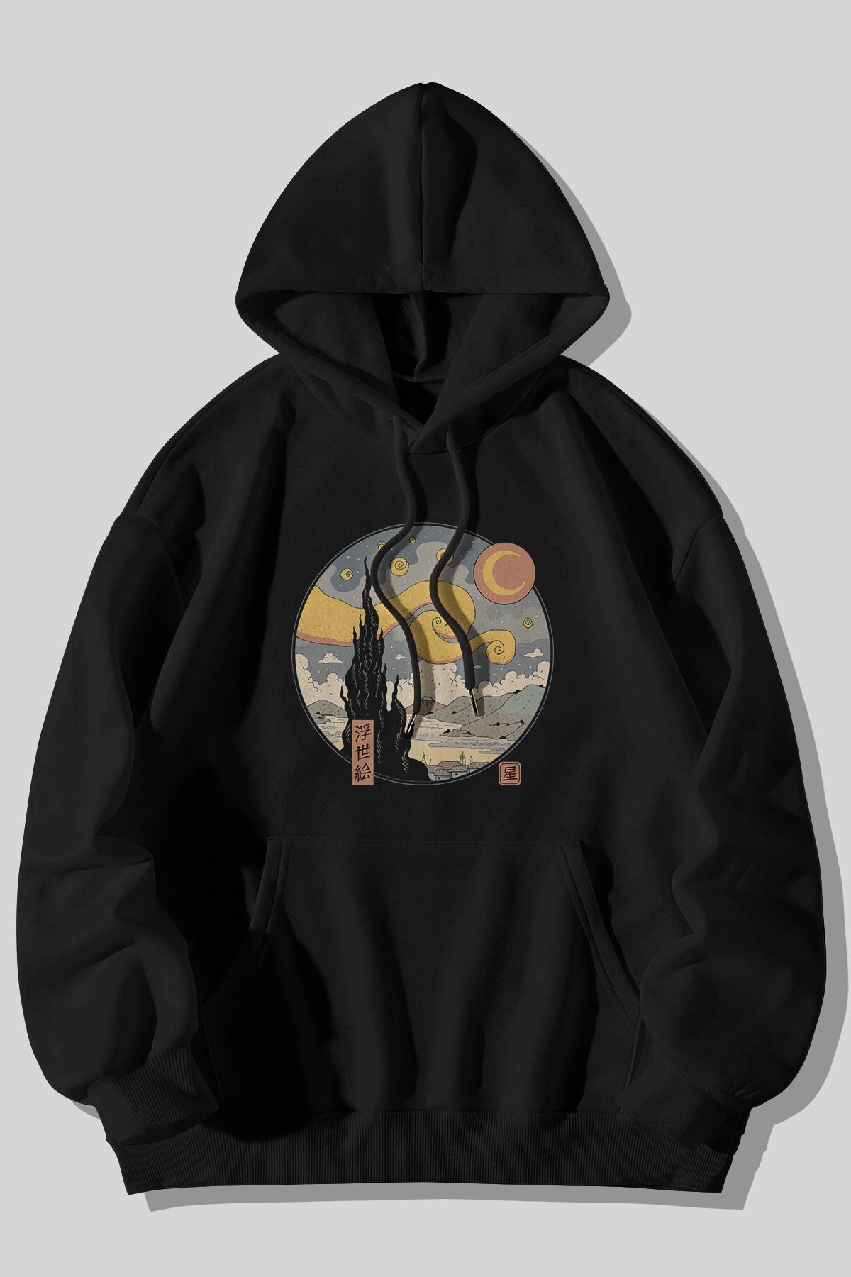FoxSkin Sportswear&Company Yıldızlı Gece Kalın Kışlık Sweatshirt - Siyah Baskılı Oversize Şardonlu Cepli Kapüşonlu