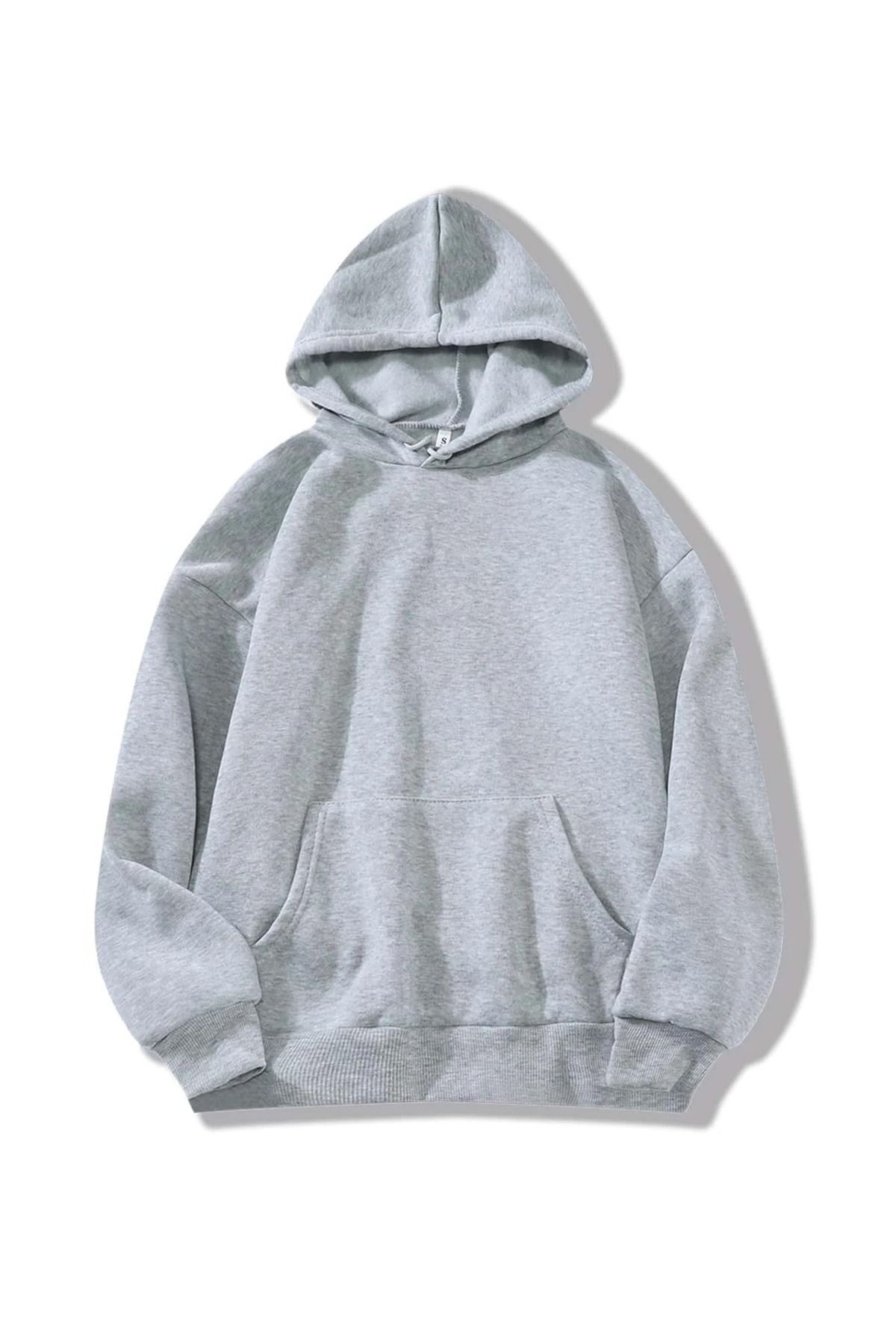 FoxSkin Sportswear&Company Baskısız Kalın Kışlık Sweatshirt - Gri Oversize Şardonlu Kapüşonlu