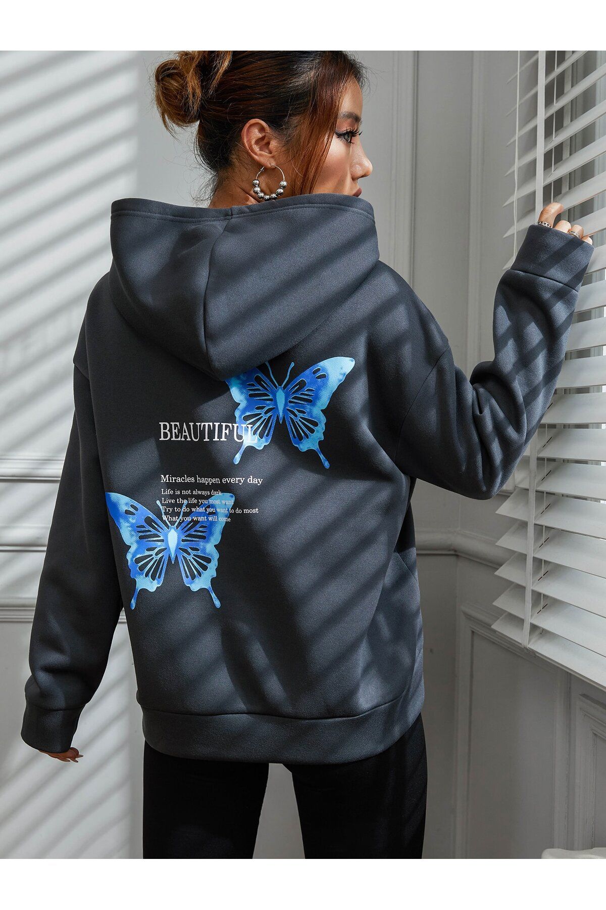 FoxSkin Sportswear&Company Beatiful Butterfly Tasarım Kalın Kışlık Sweatshirt - Siyah Baskılı Oversize Şardonlu Cepli Kapüşonlu