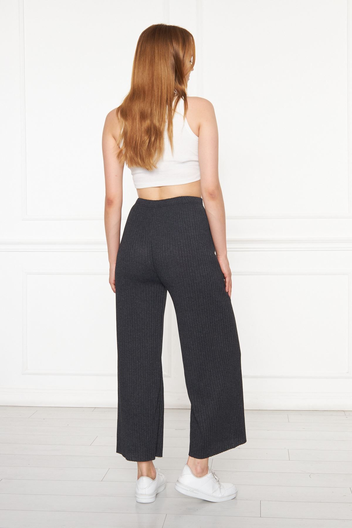 Oyga-Pantaloni și pantaloni de trening antracit cu nervuri pentru femei, pijamale casual pentru acasă 5