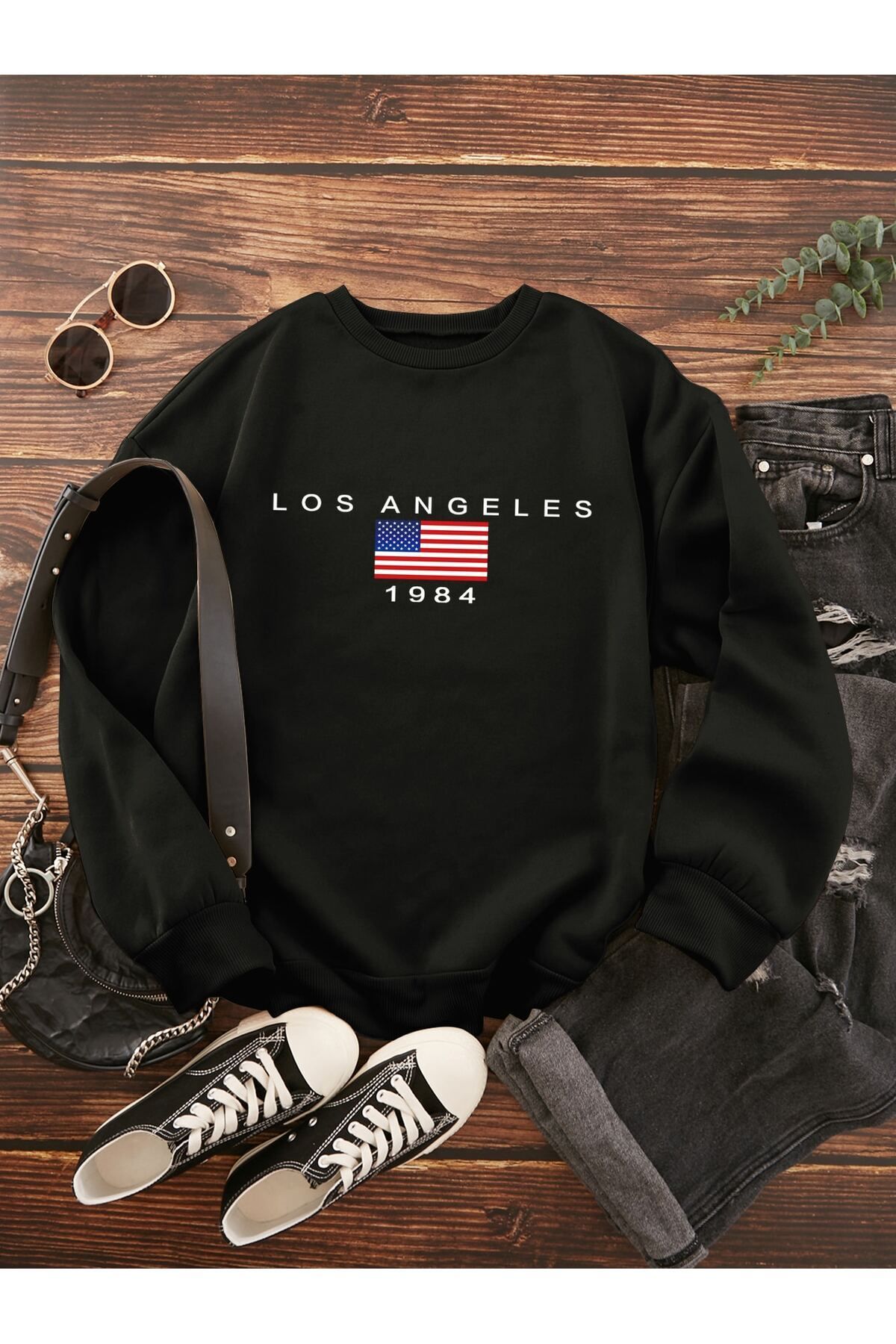 FoxSkin Sportswear&Company Los Angeles 1984 Kalın Kışlık Sweatshirt - Siyah Baskılı Oversize Şardonlu Bisiklet Yaka