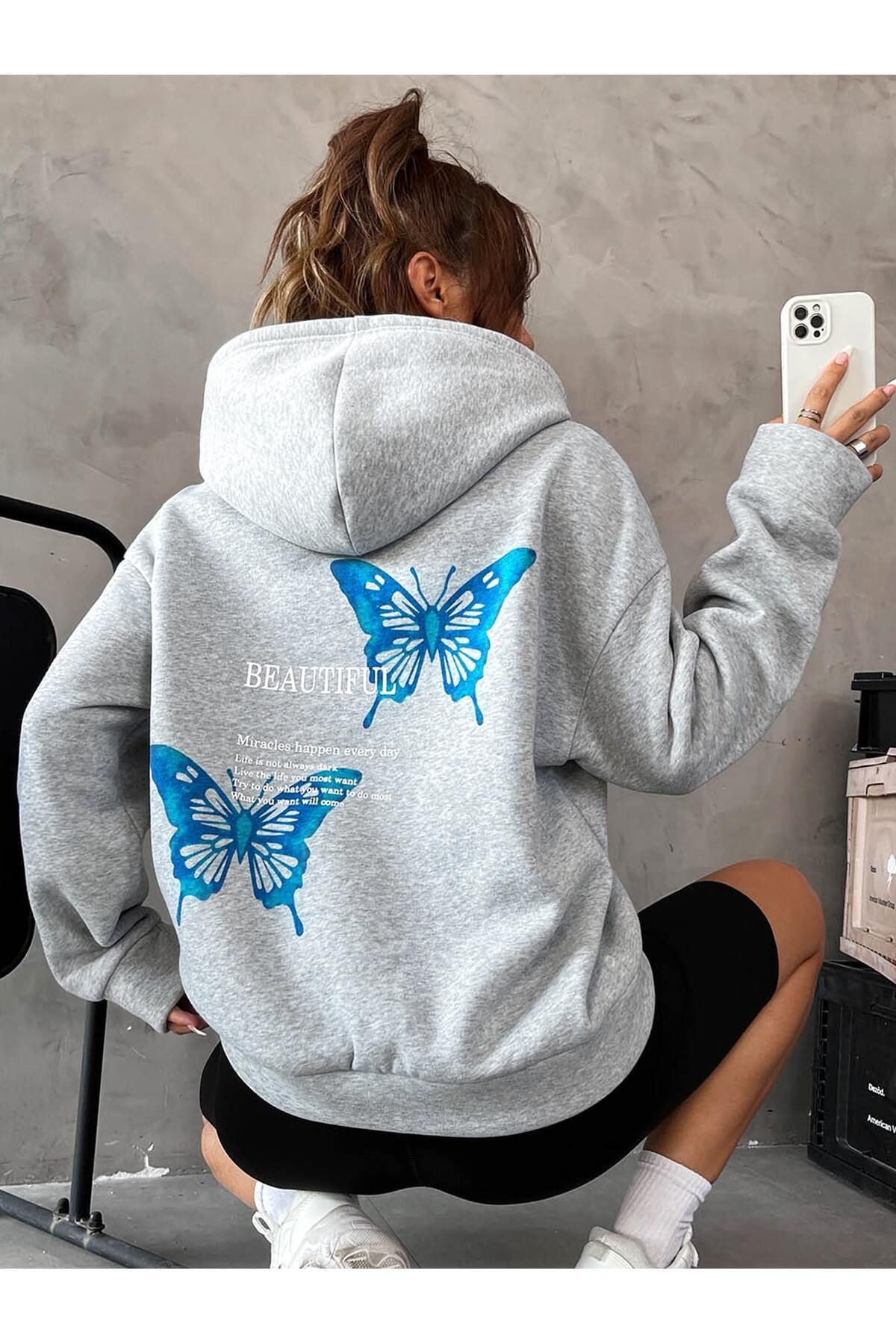 FoxSkin Sportswear&Company Beatiful Butterfly Tasarım Kalın Kışlık Sweatshirt - Gri Baskılı Oversize Şardonlu Cepli Kapüşonlu
