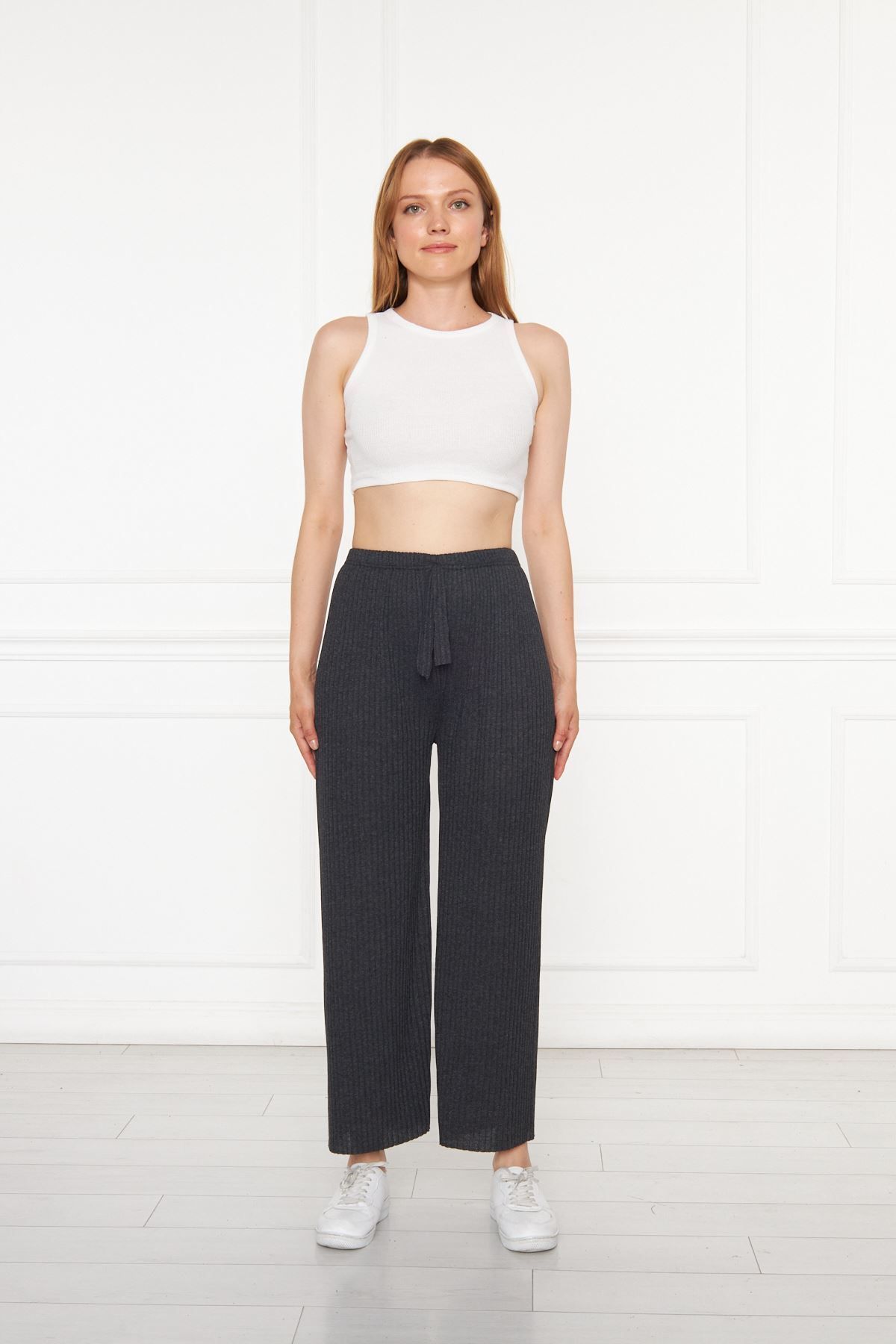 Oyga-Pantaloni și pantaloni de trening antracit cu nervuri pentru femei, pijamale casual pentru acasă 1