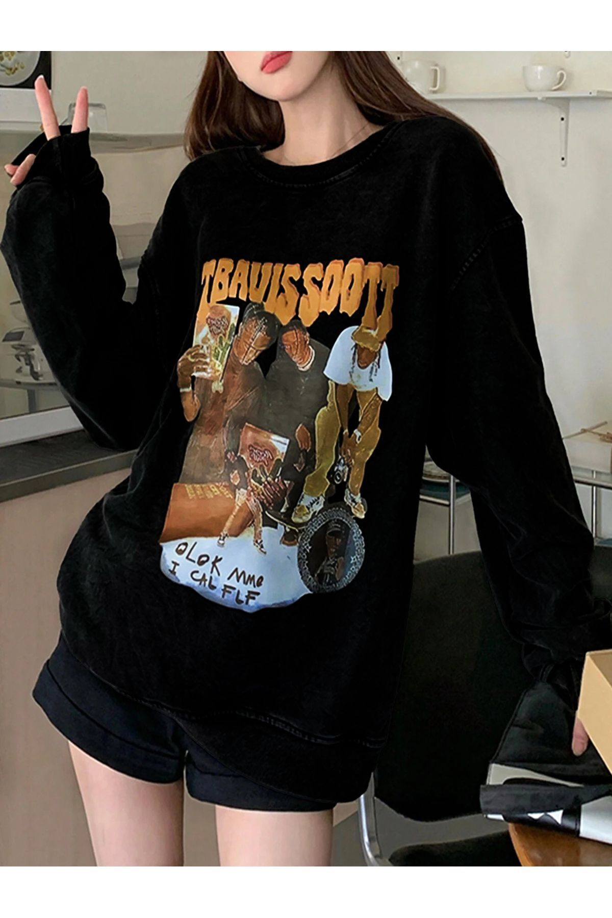 FoxSkin Sportswear&Company Travis Scoott Kalın Kışlık Sweatshirt - Siyah Baskılı Oversize Şardonlu Bisiklet Yaka