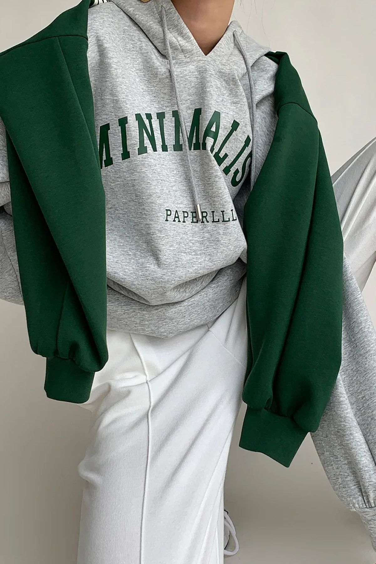 FoxSkin Sportswear&Company Minimalist Desen Kalın Kışlık Sweatshirt - Gri Baskılı Oversize Şardonlu Kapüşonlu