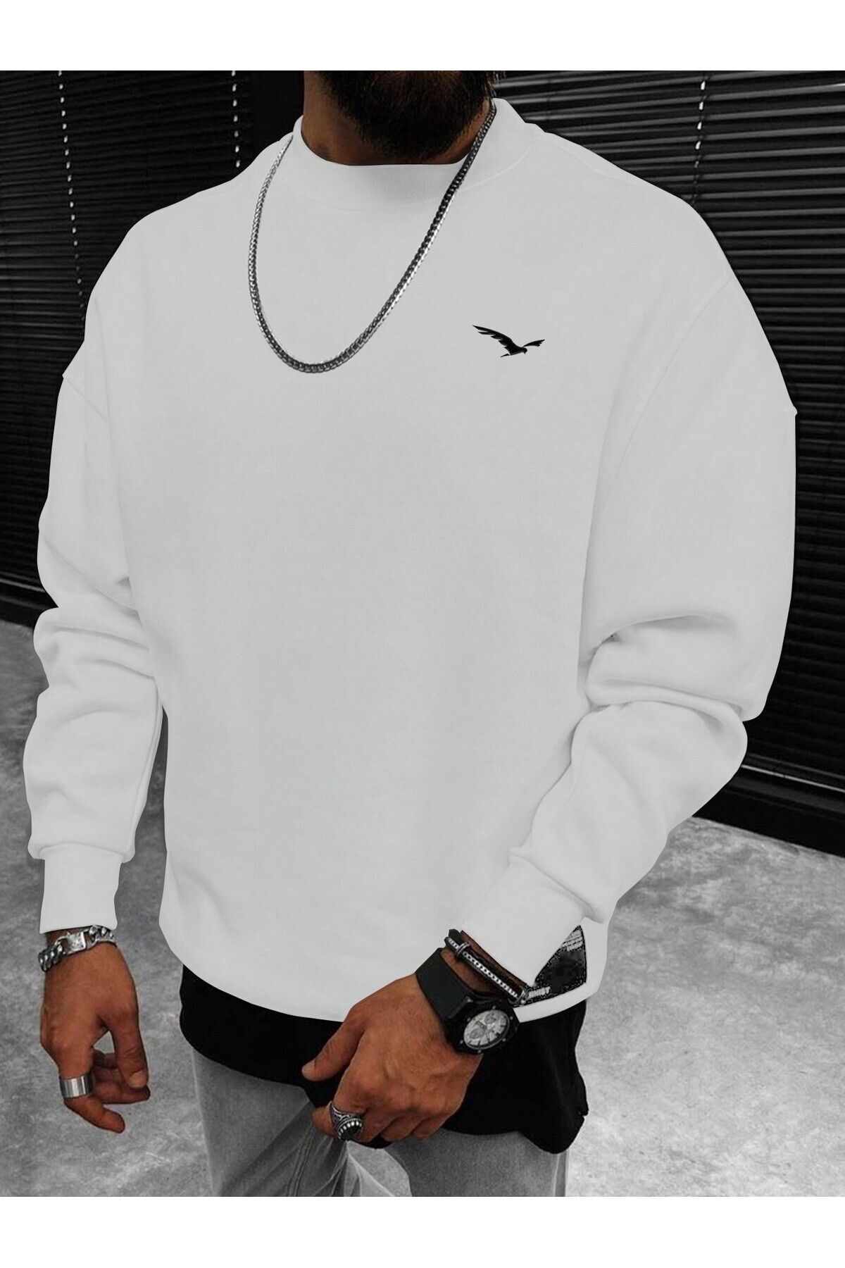 FoxSkin Sportswear&Company Uçan Kuş Logo Kalın Kışlık Sweatshirt - Beyaz Baskılı Oversize Şardonlu Bisiklet Yaka