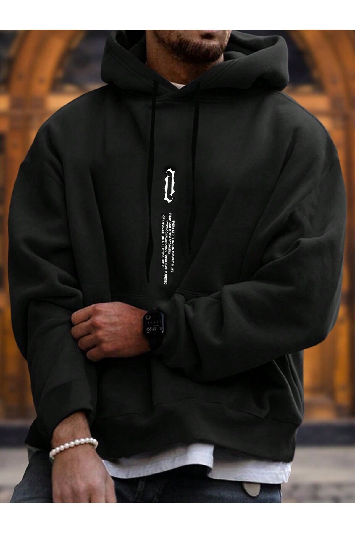 FoxSkin Sportswear&Company Dikey Sembol Kalın Kışlık Sweatshirt - Siyah Baskılı Oversize Şardonlu Cepli Kapüşonlu