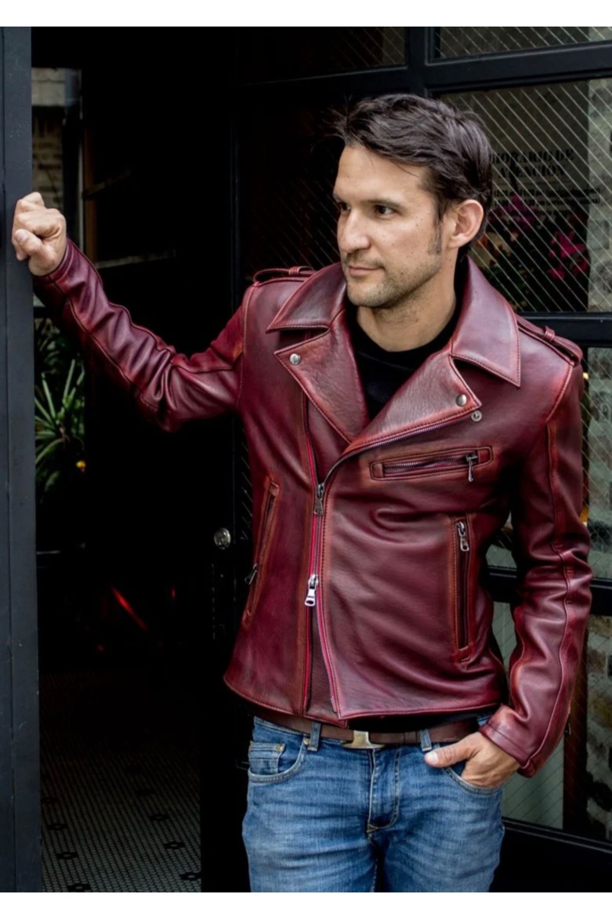NYC GİYİM TEKSTİL Prof Model Silme Hakiki Koyun Derisi Bordo Renk Biker Mont