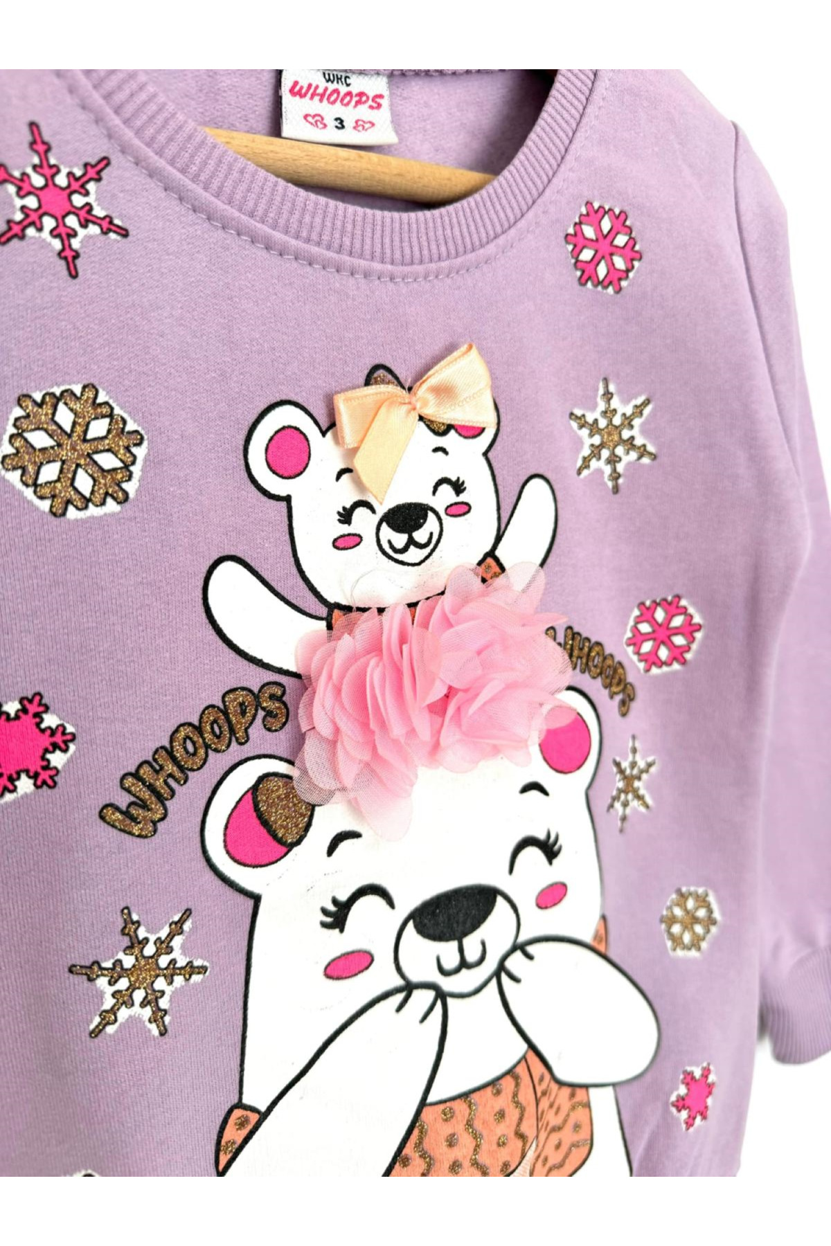 By Cwhr %100 Pamuk 2 İpliik Ayıcık Baskılı Manşet Kollu Kışlık Kız Çocuk Sweatshirt fotoğrafı 2 (önizleme)