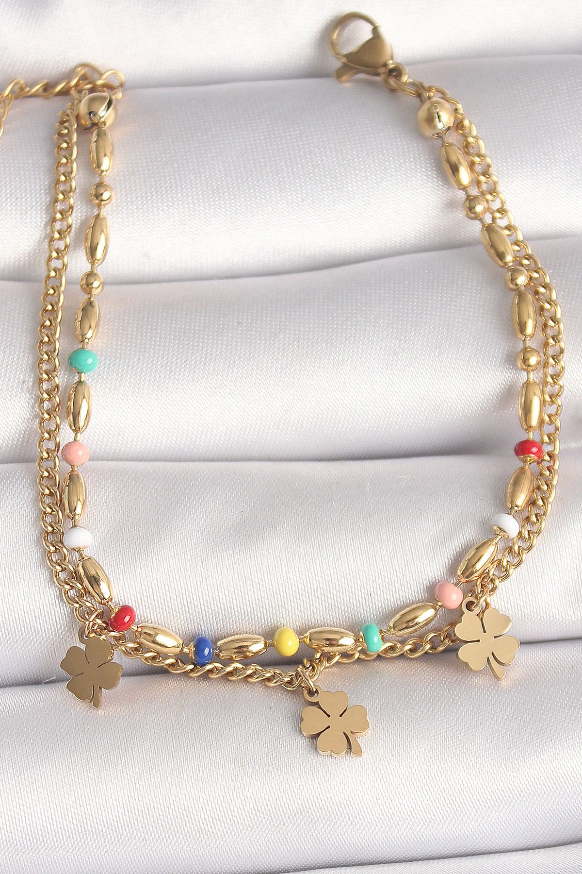 New Things 316L Çelik Gold Renk 2 Li Zincir Model Sallantı Yonca Figür Kadın Bileklik